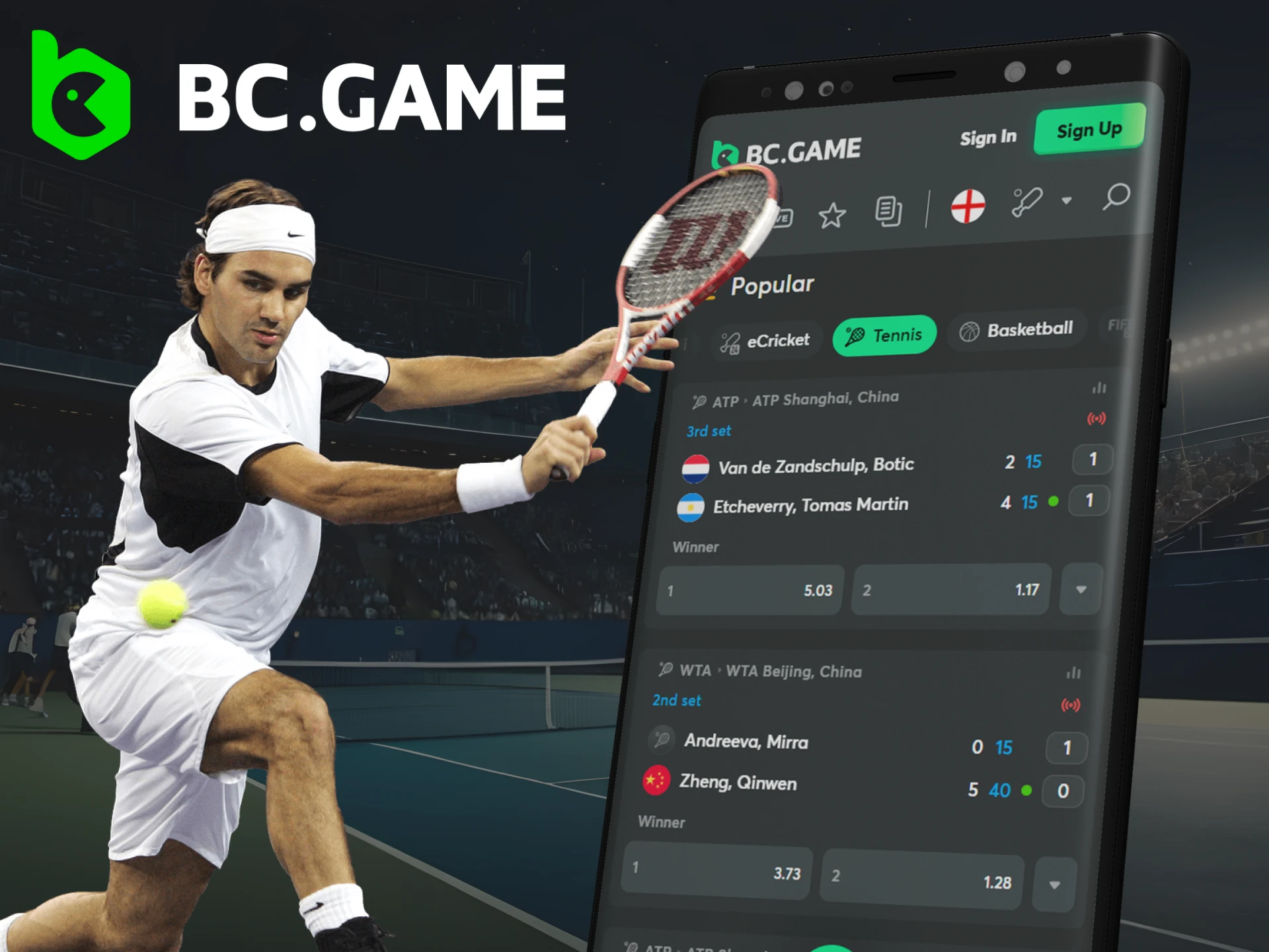 Screenshot of the BC.Game app tennis betting section