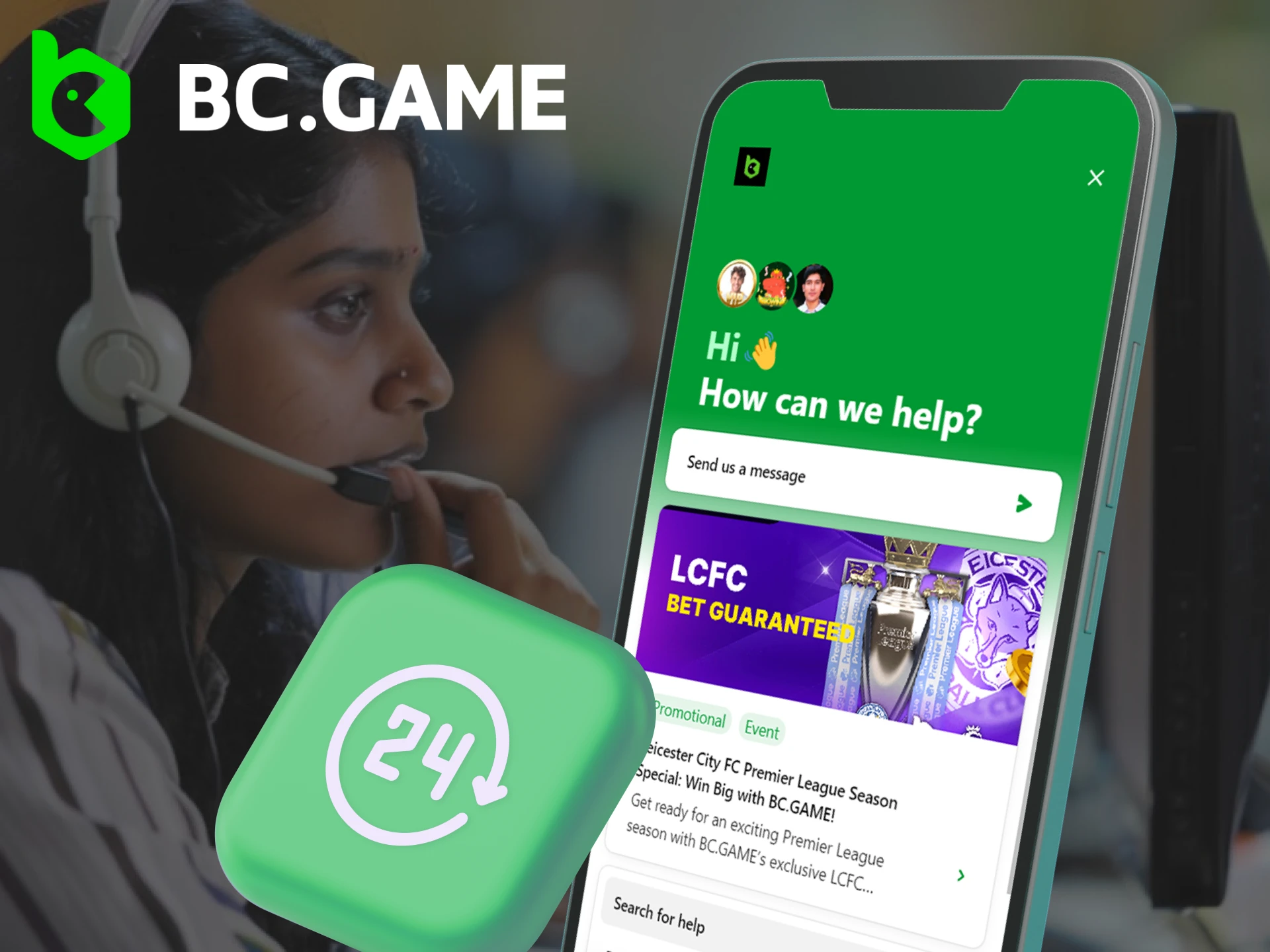 Illustration of a smartphone contacting BC.Game app support
