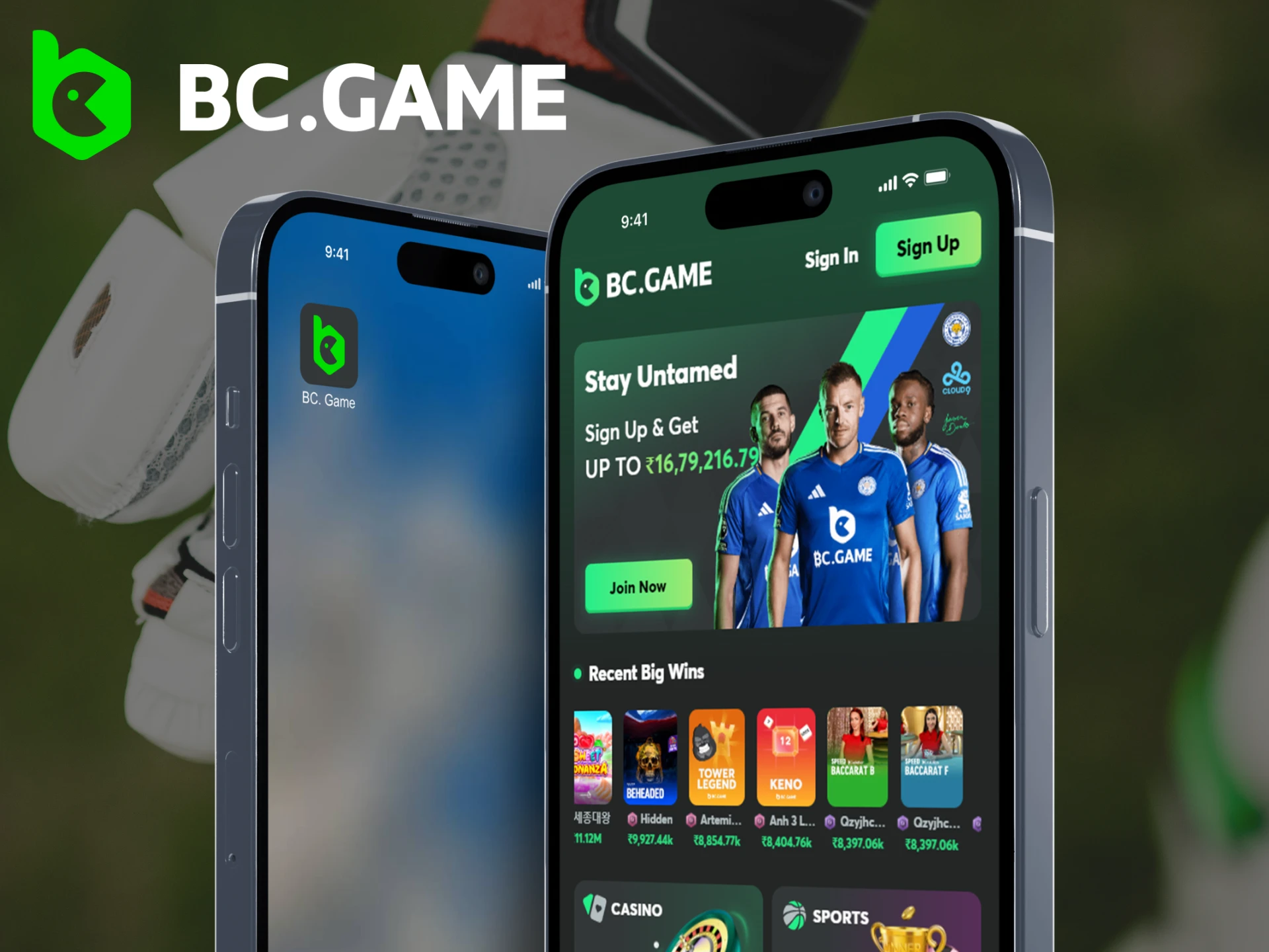 Illustration of a smartphone displaying a BC.Game app with information about Progressive Web Apps