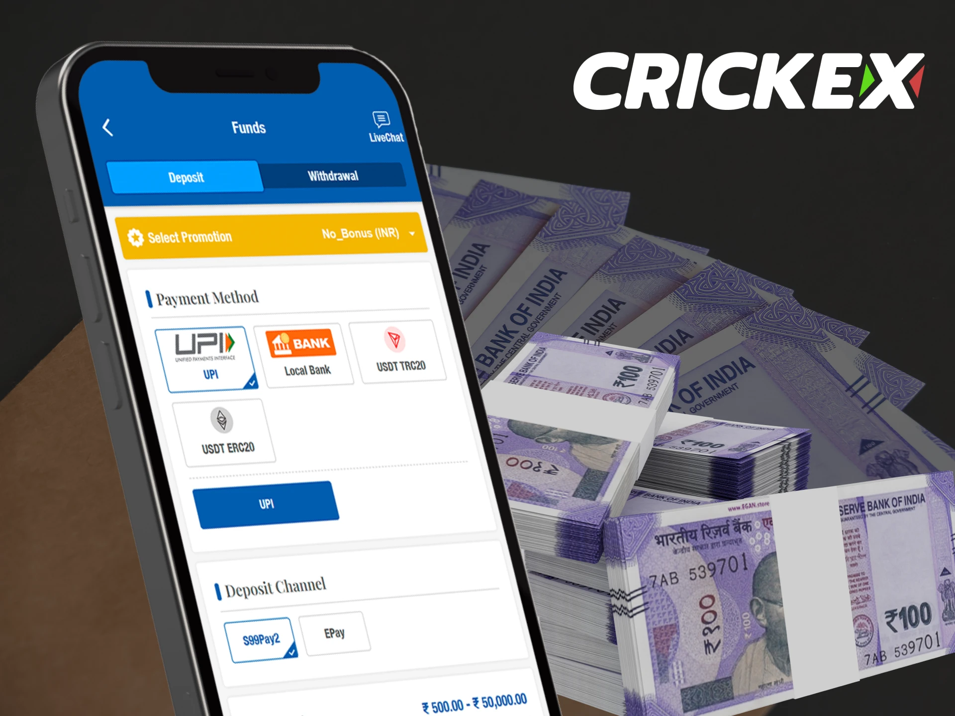 Deposit and withdraw money directly in the Crickex mobile app.