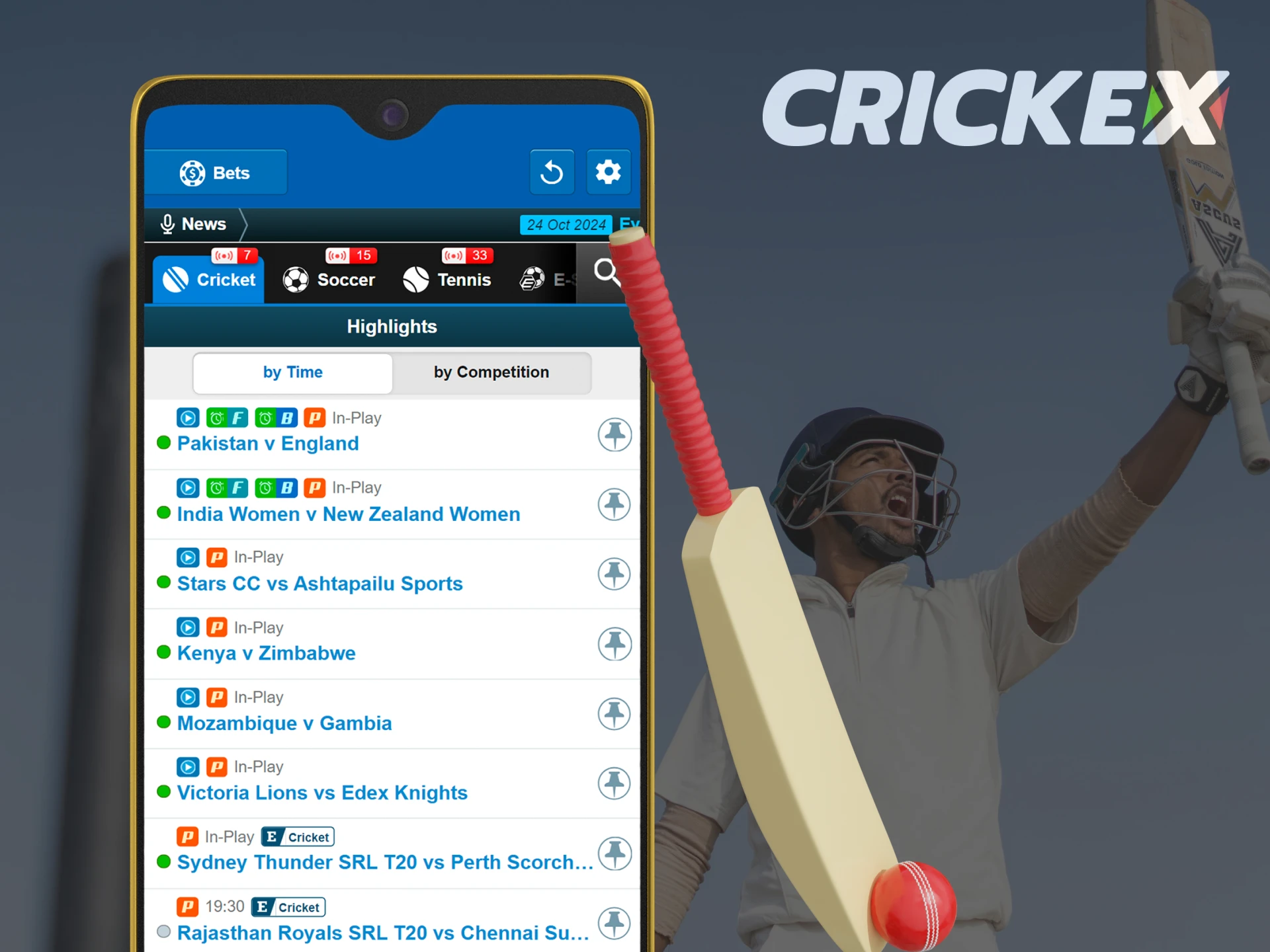 Crickex app offers a wide range of cricket events to bet on.