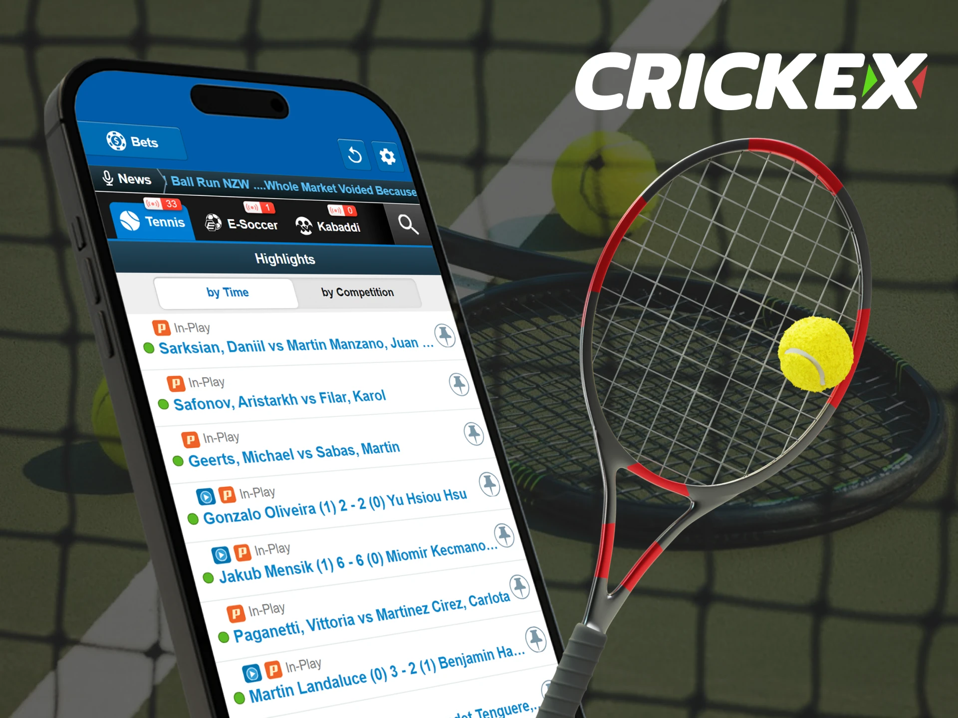 Place your bets on tennis with the Crickex app.