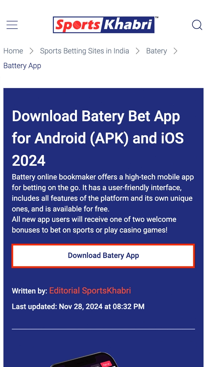 Find the download app button at the top of the Betery website page and click on it.