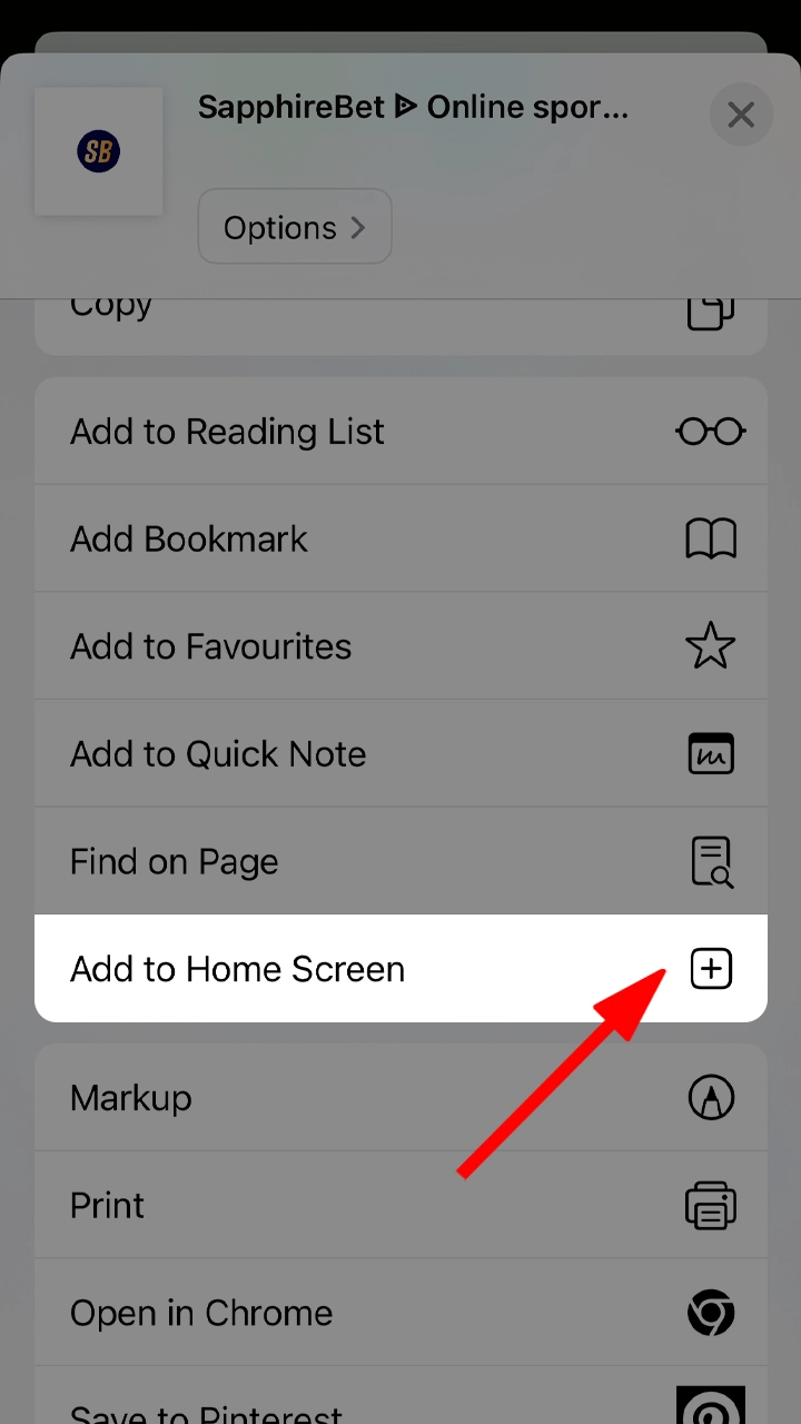 A screenshot of an iPhone displaying the Sapphirebet app icon. The user is instructed to click on the 