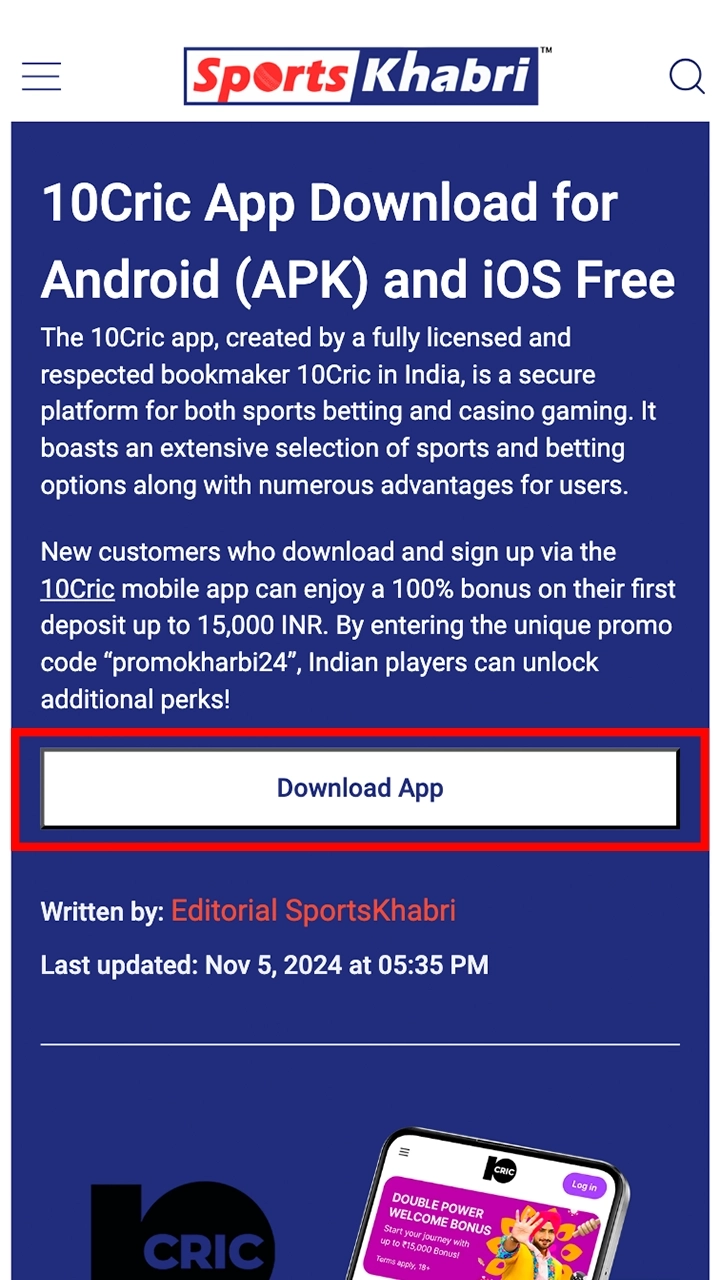 Promotional graphic for 10CRIC app download with mobile app screenshot