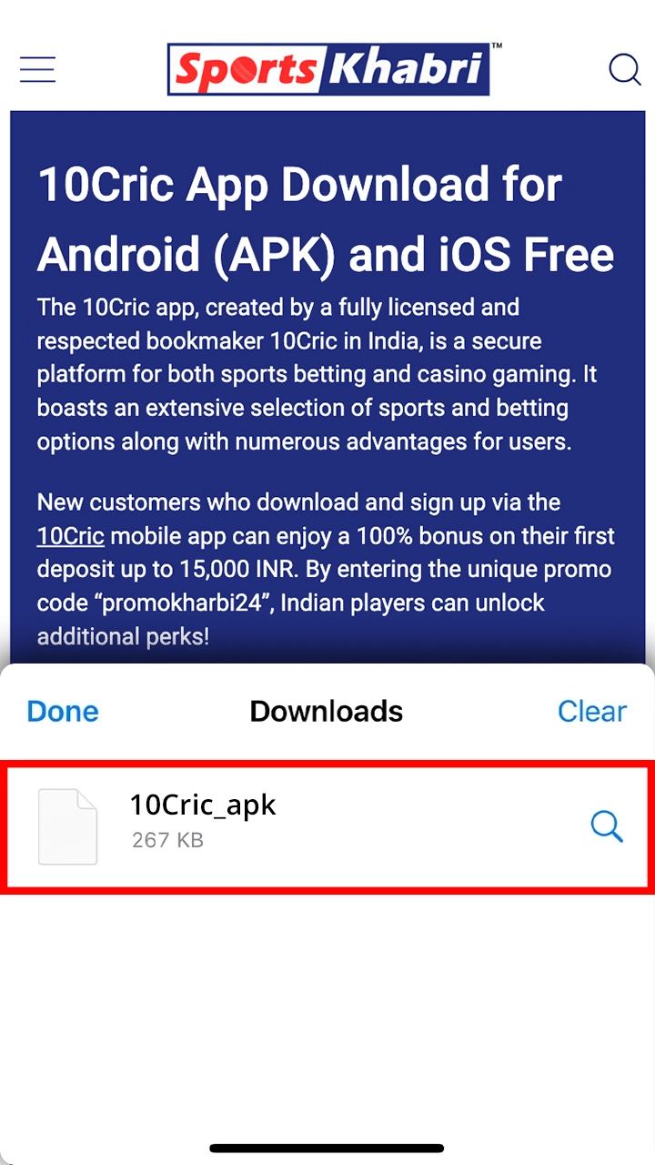 Webpage screenshot with download button for 10CRIC APK file