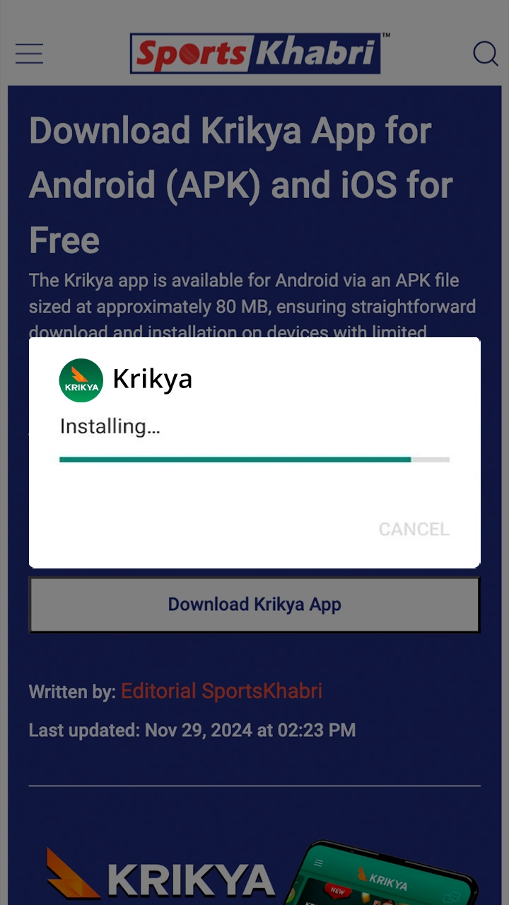 Wait for the installation of the Krikya app to complete.