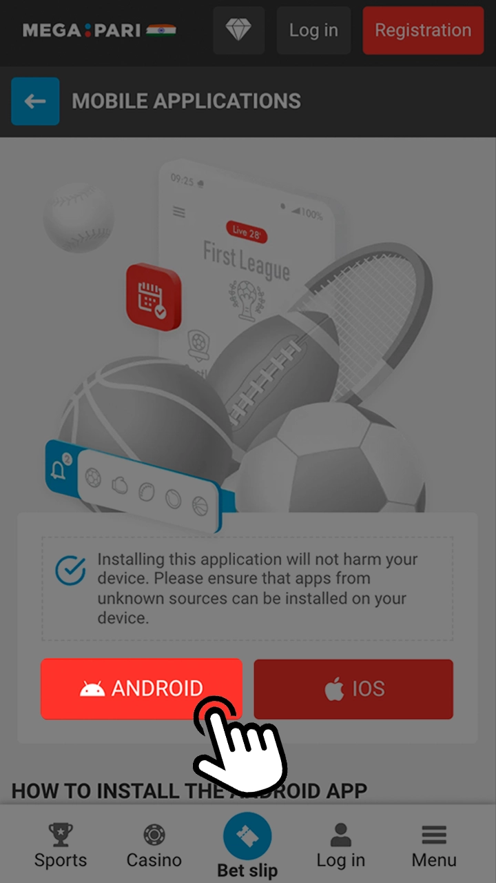 Select the Android button to install Megapari.