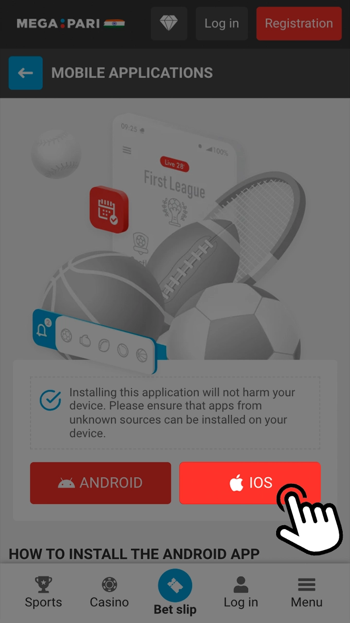 Start downloading the app by clicking the iOS button on the Megapari page.