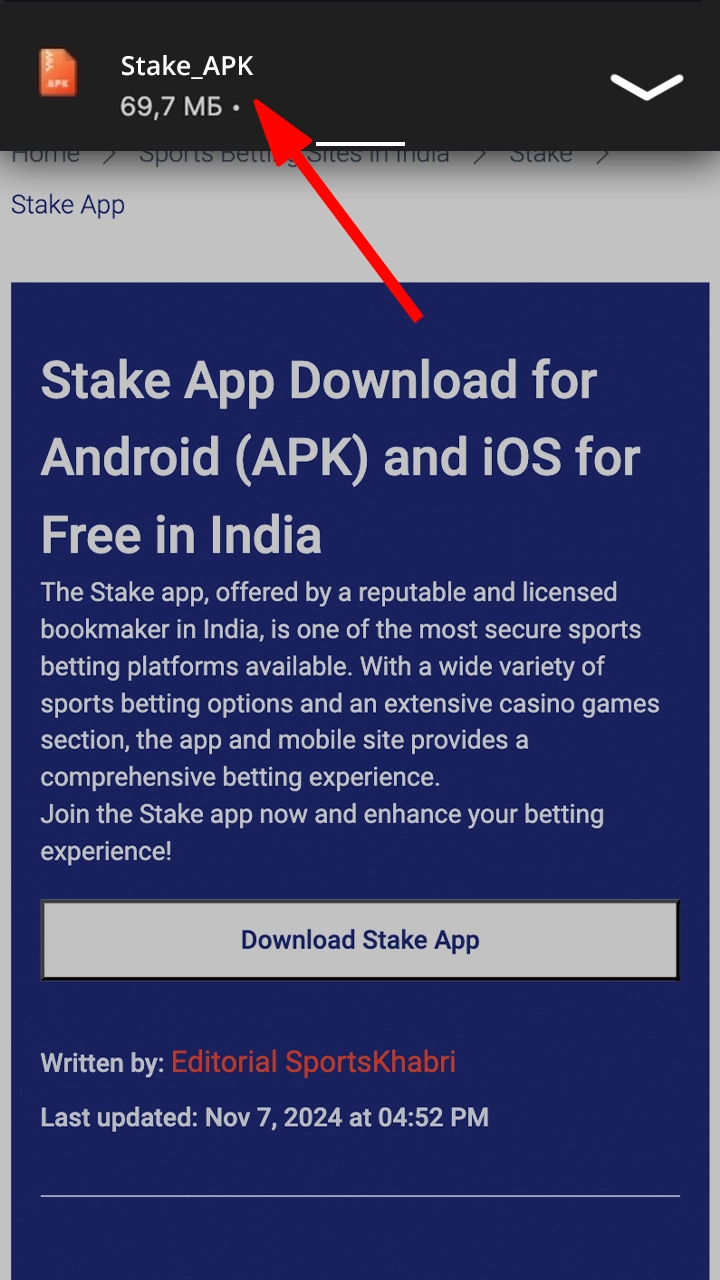 A screenshot of a smartphone displaying the Stake app installation process. The user is instructed to click on the 