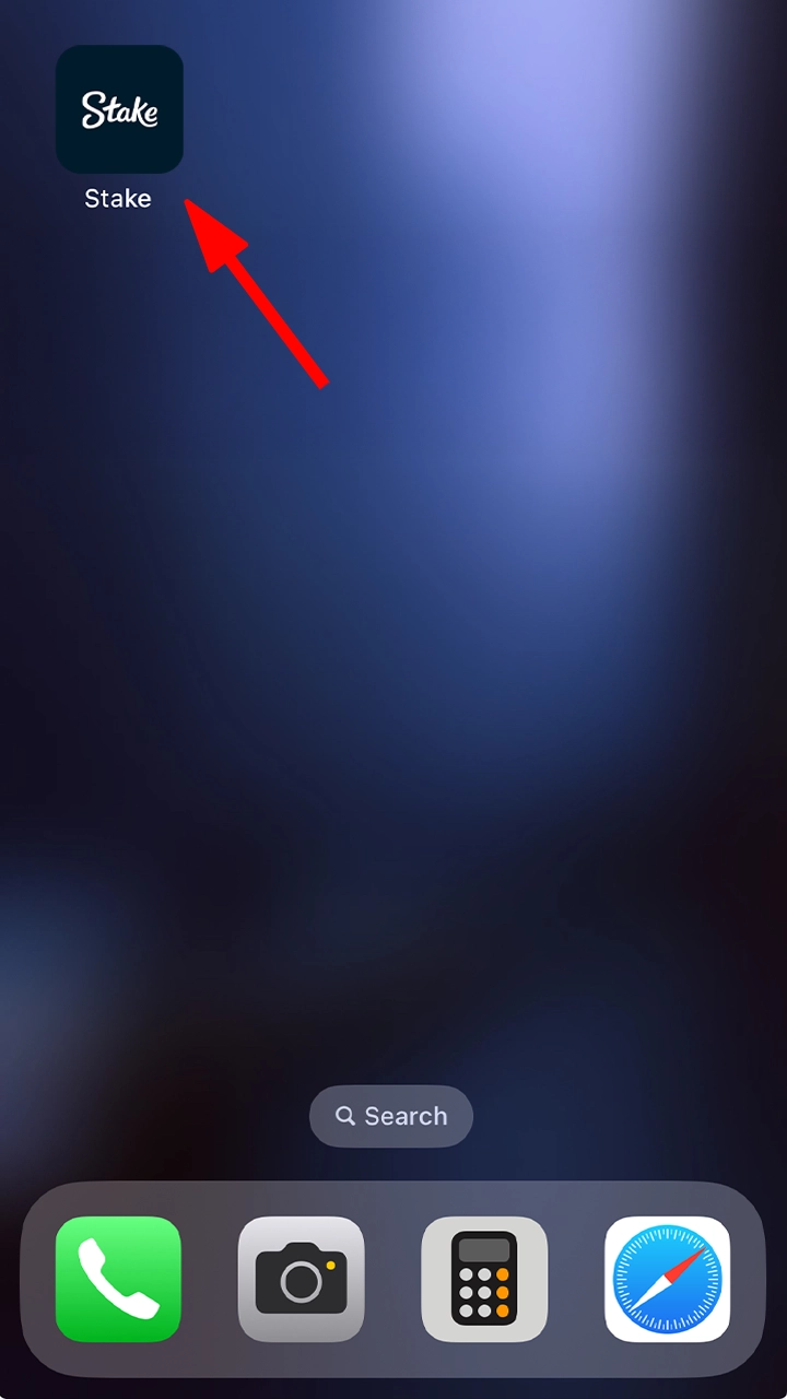 A screenshot of an iPhone displaying the Stake app installation process. The user is instructed to click on the 