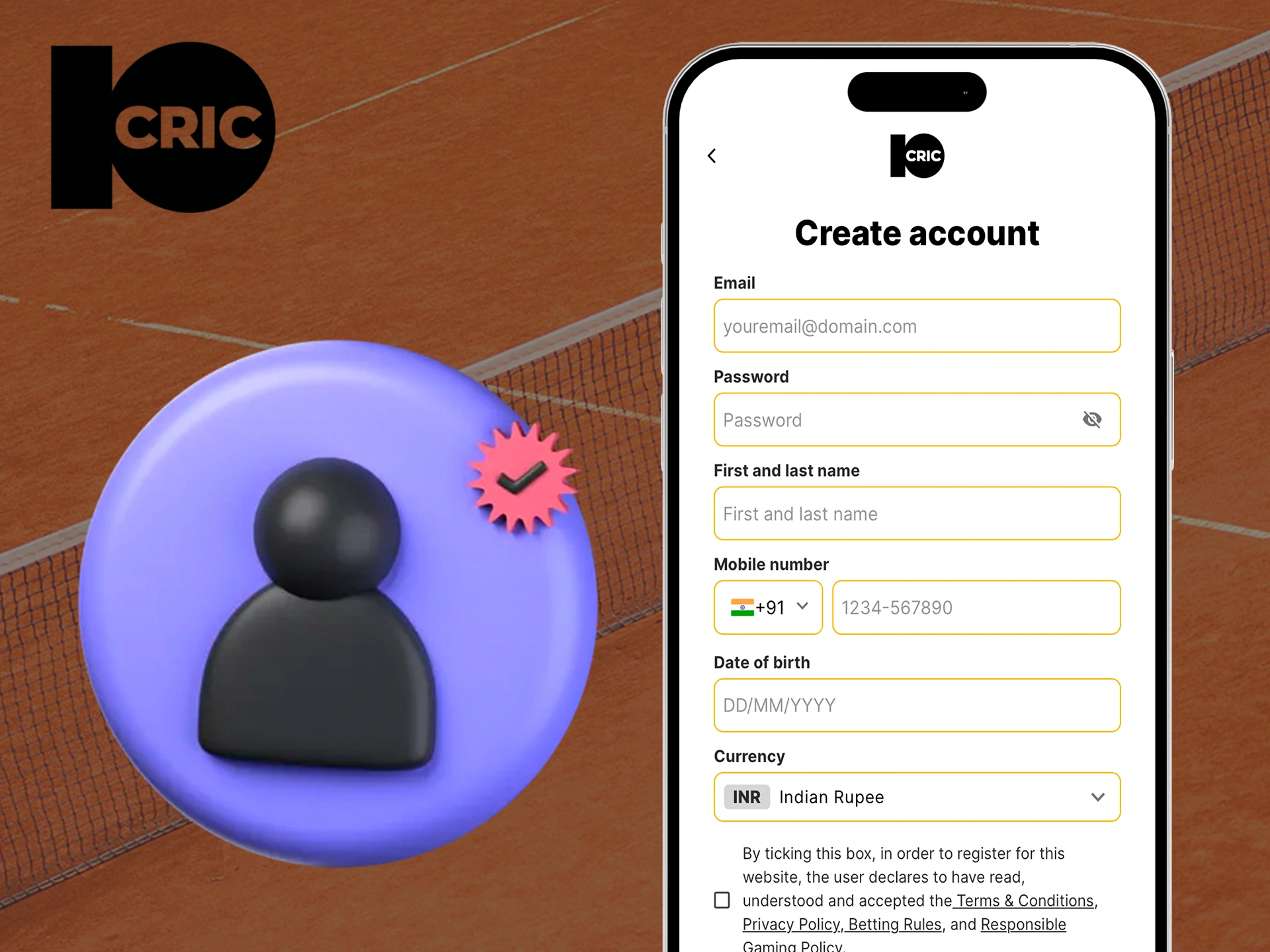 Use the 10Cric app to register a personal account.