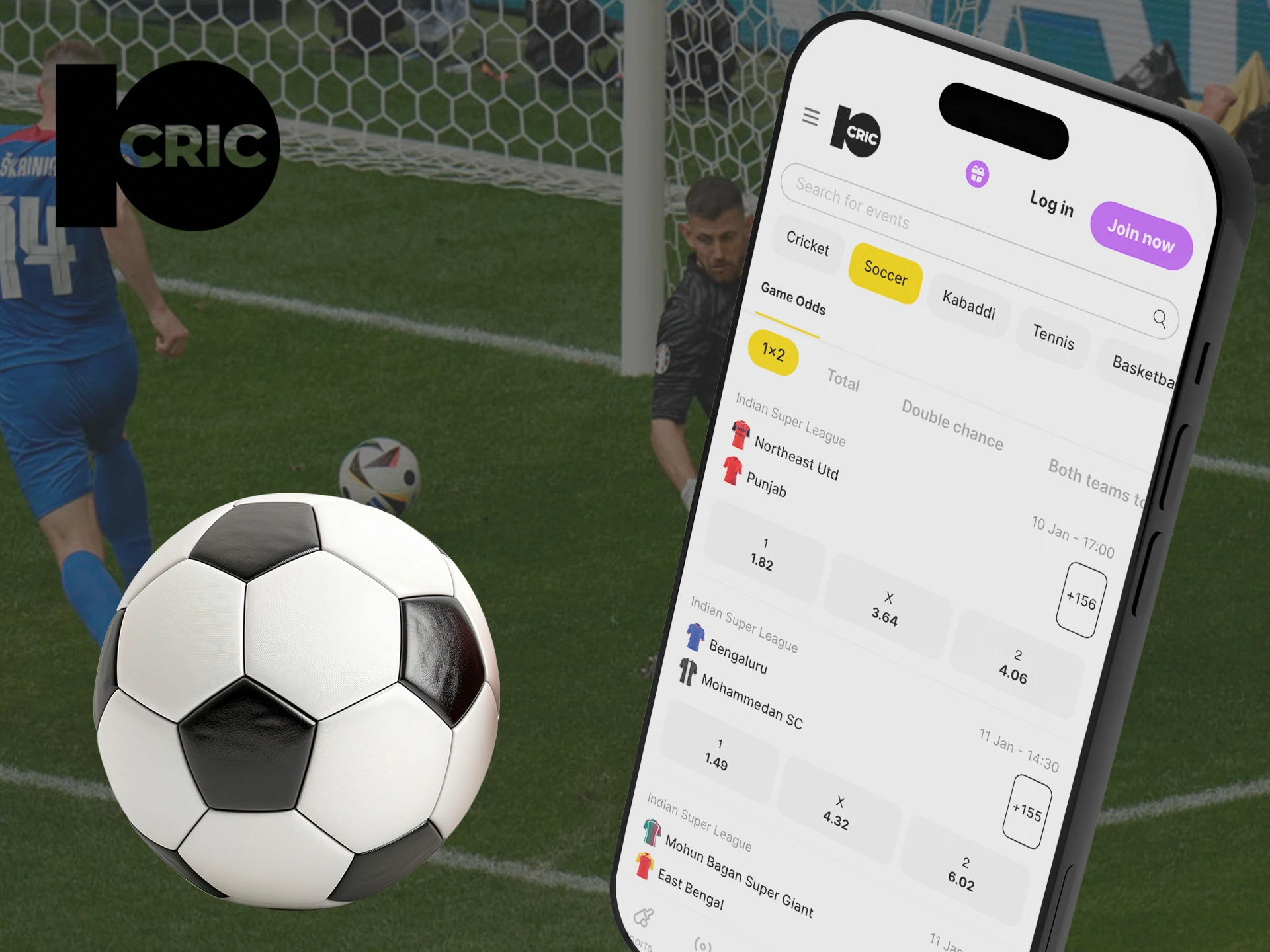 Place bets on the score or victory of soccer teams with the 10Cric app.