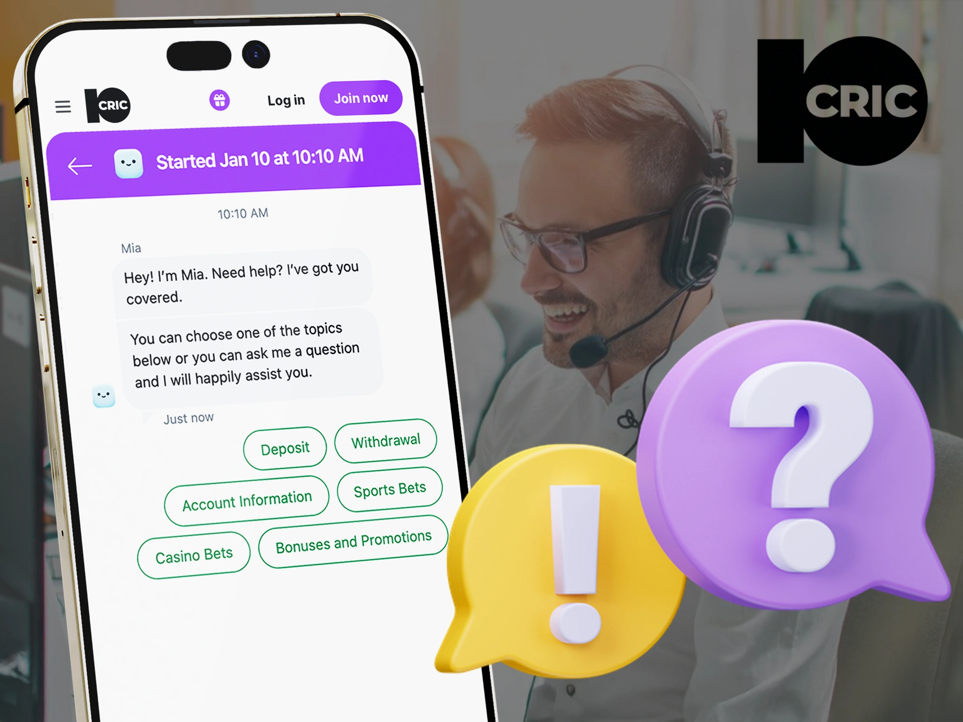 Use the 10Cric app's 24/7 online chat support if needed.