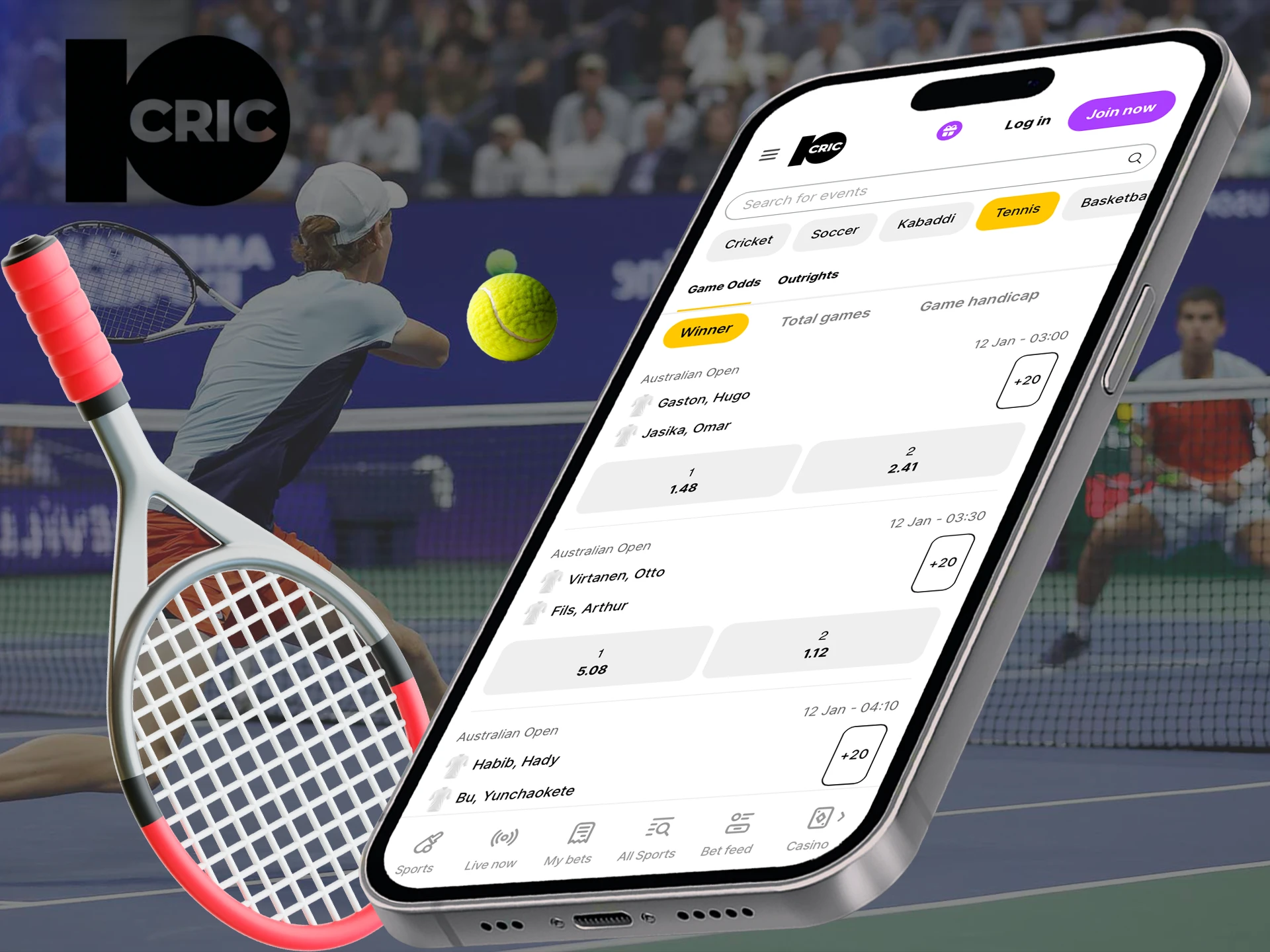 Predict the score in tennis tournaments what to win in the 10Cric app.