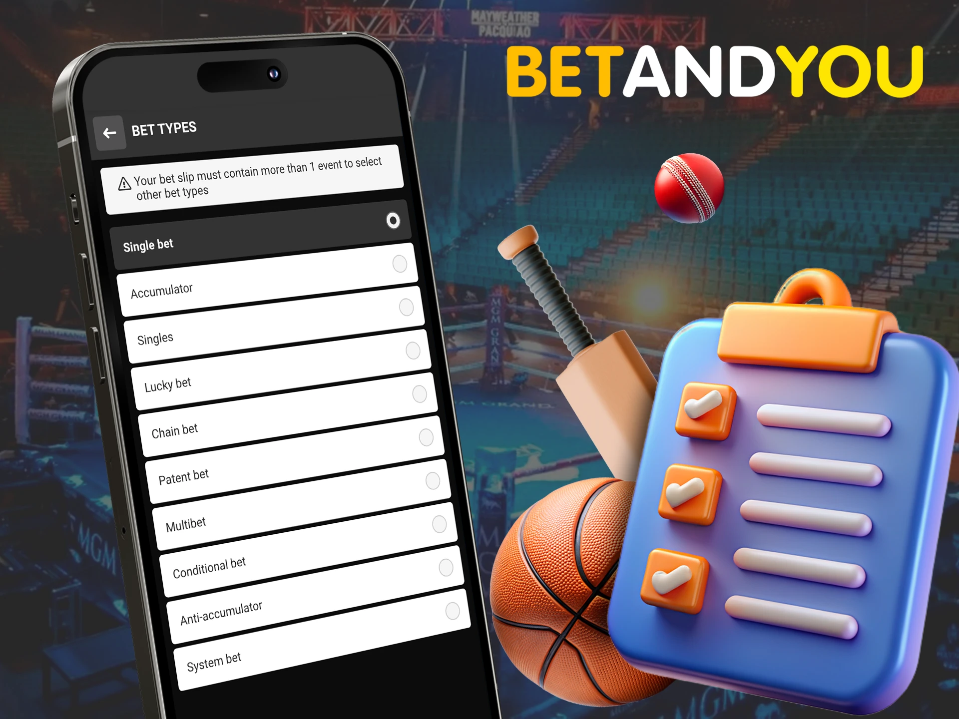 Place your bets using bet types to win on the Betandyou app.