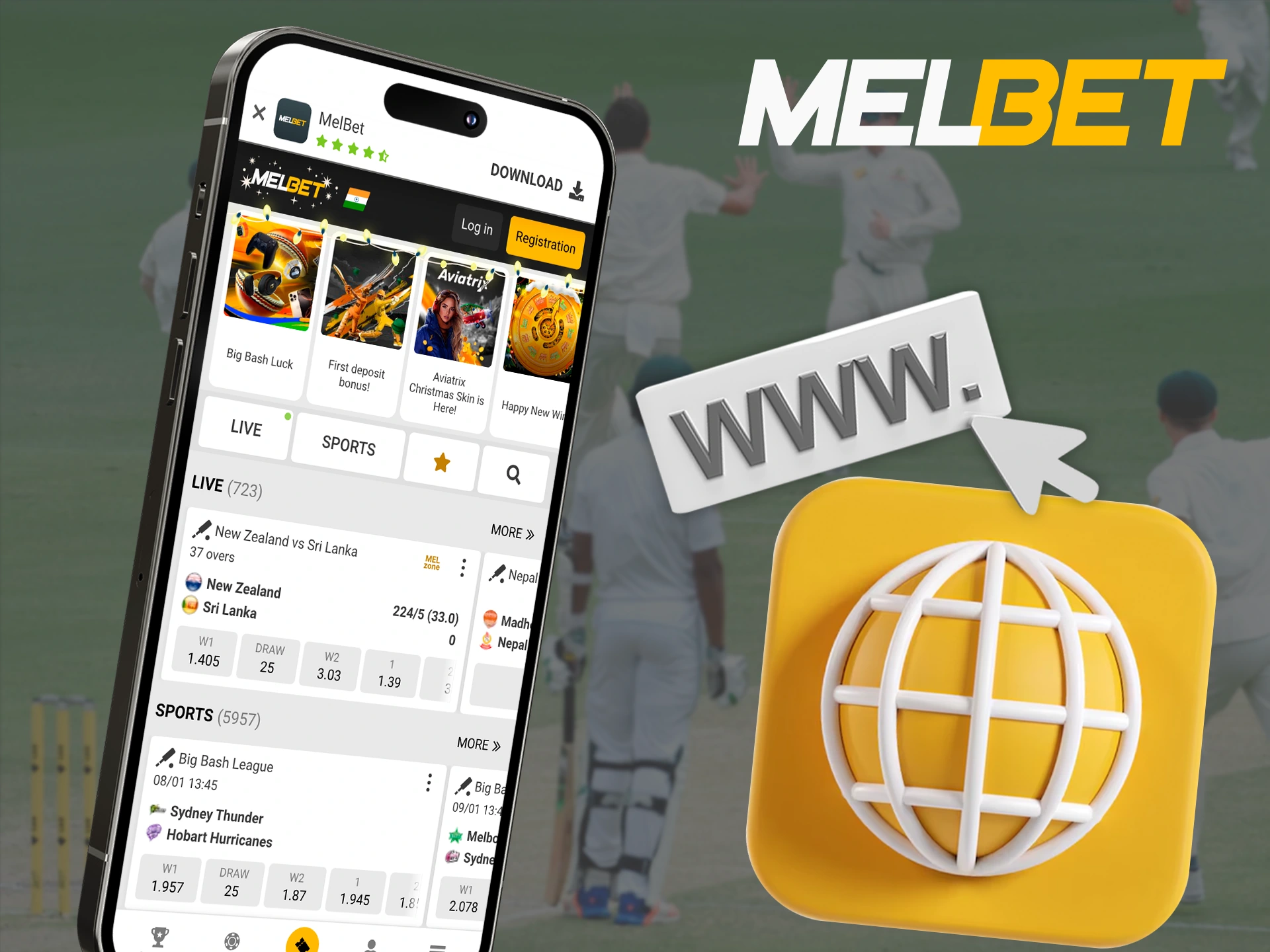 Try the mobile version of the Melbet website for your bets and wins.