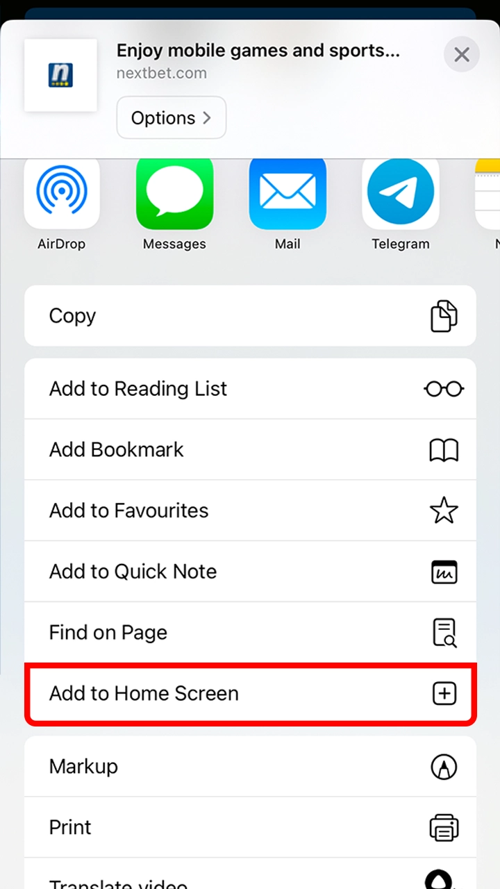 Click the share button and add the Nextbet to your home screen.