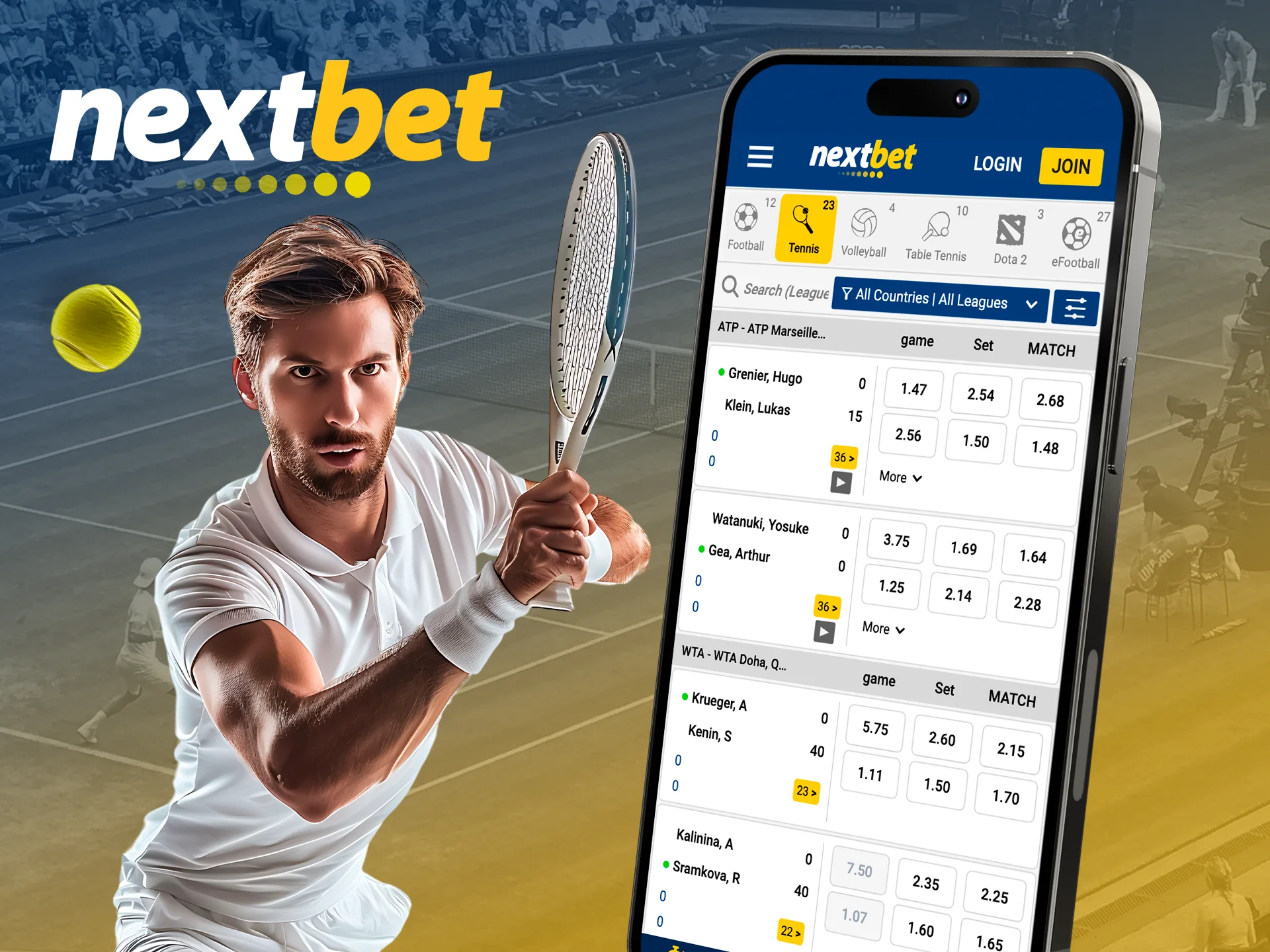Bet on the score or winner on tennis on the Nextbet app.