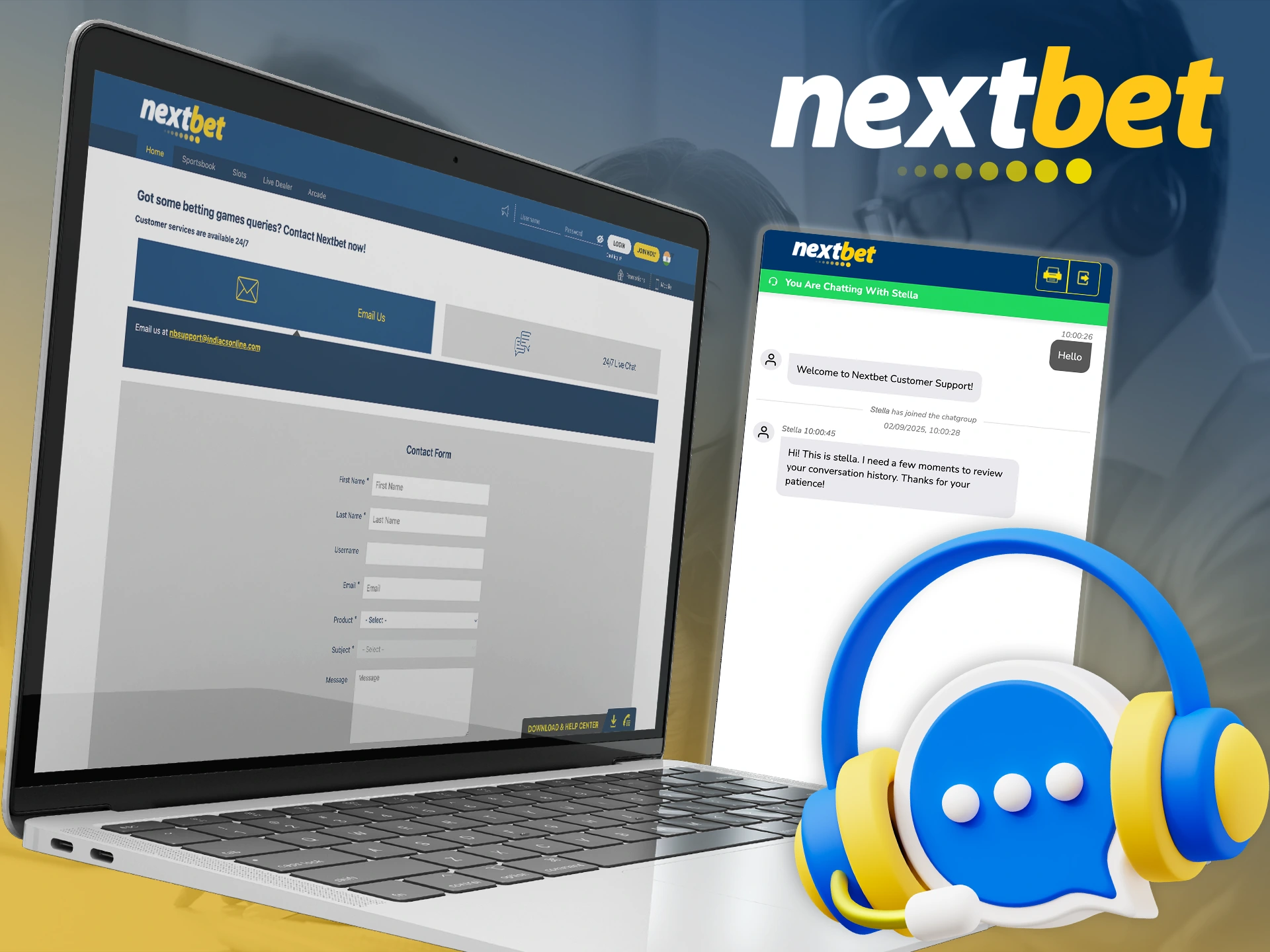Use the contacts or support in case of problems with Nextbet.