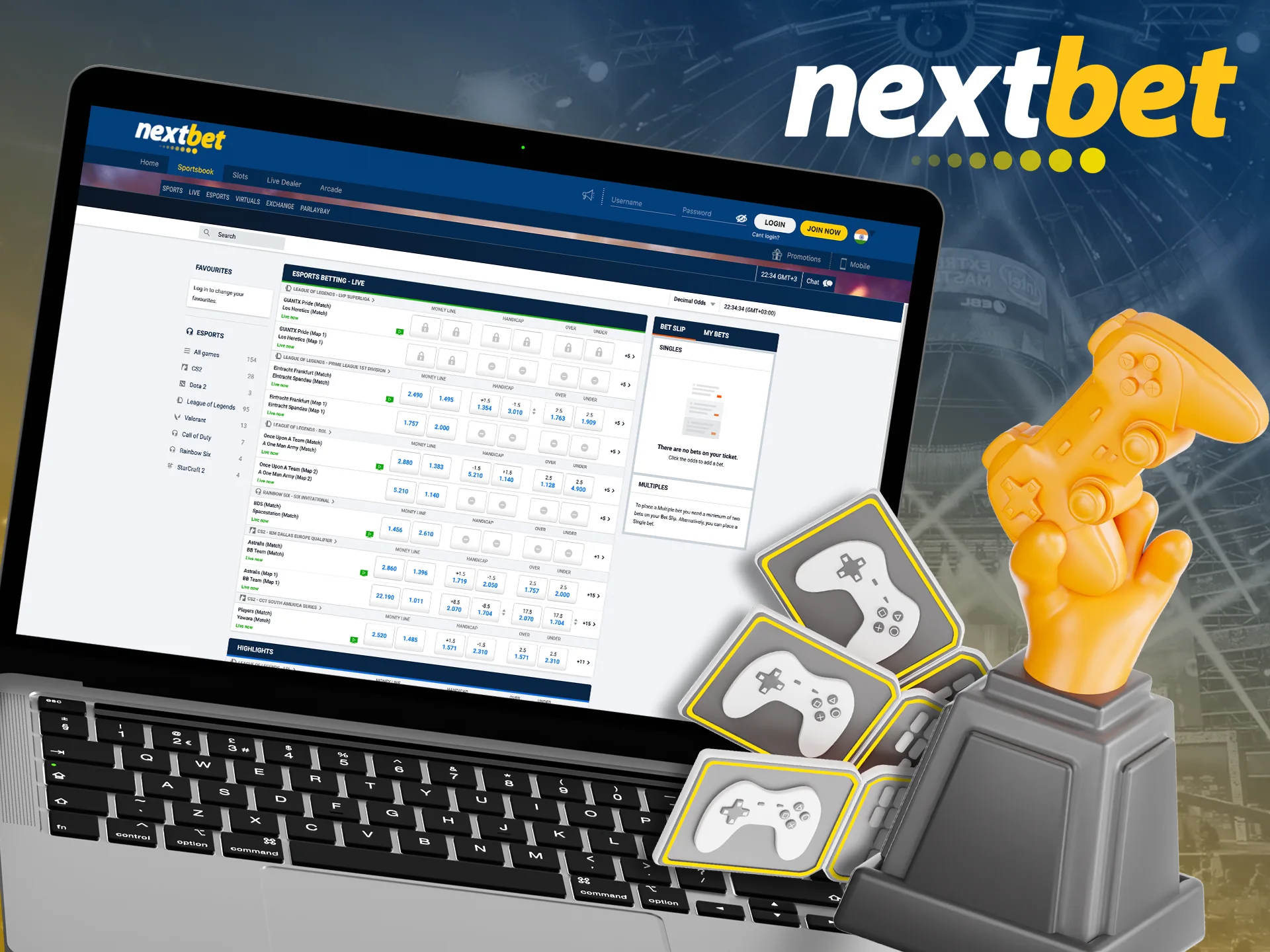 Go to the Esports section and bet on a team or game at Nextbet.