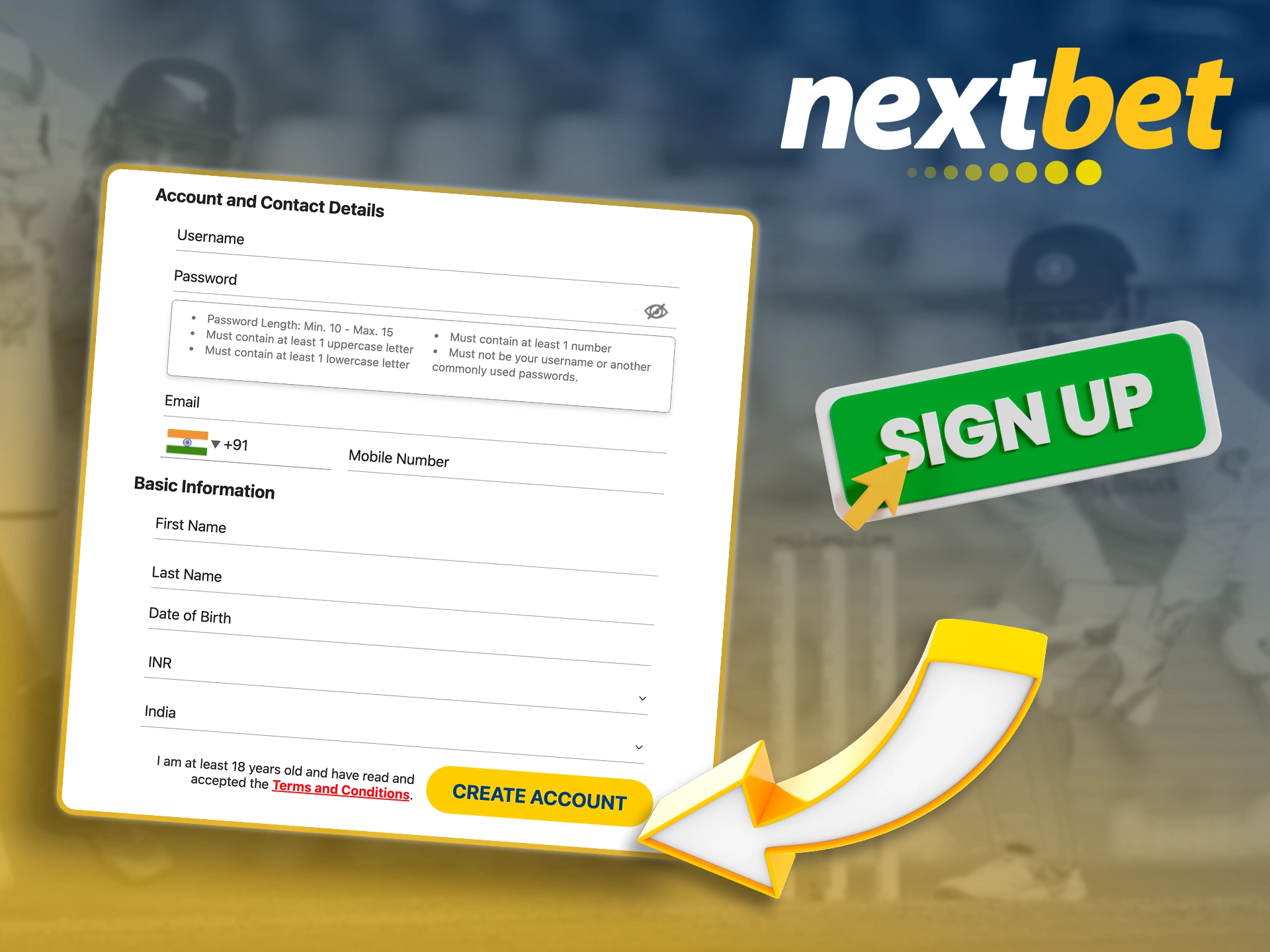 Fill in the required fields to register with Nextbet.