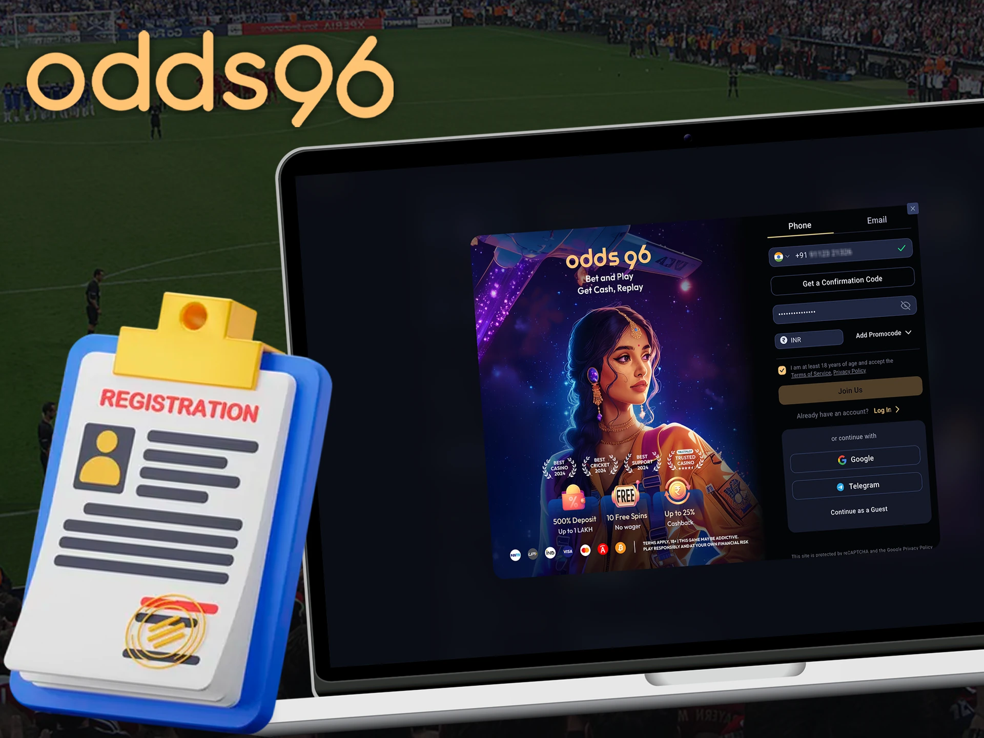 Create a personal account to start betting at Odds96.