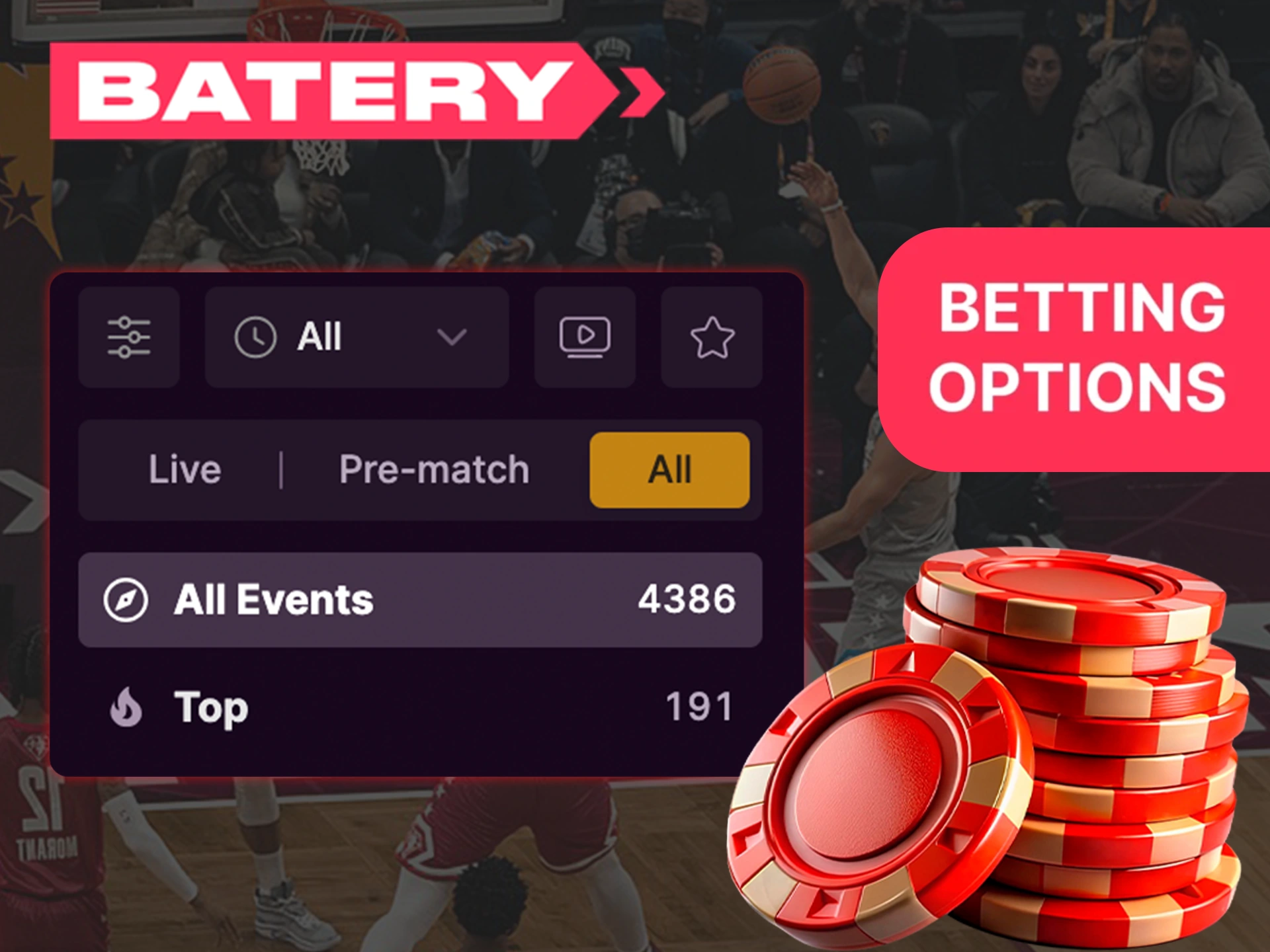 Bet on live matches or upcoming sports events via Batery.