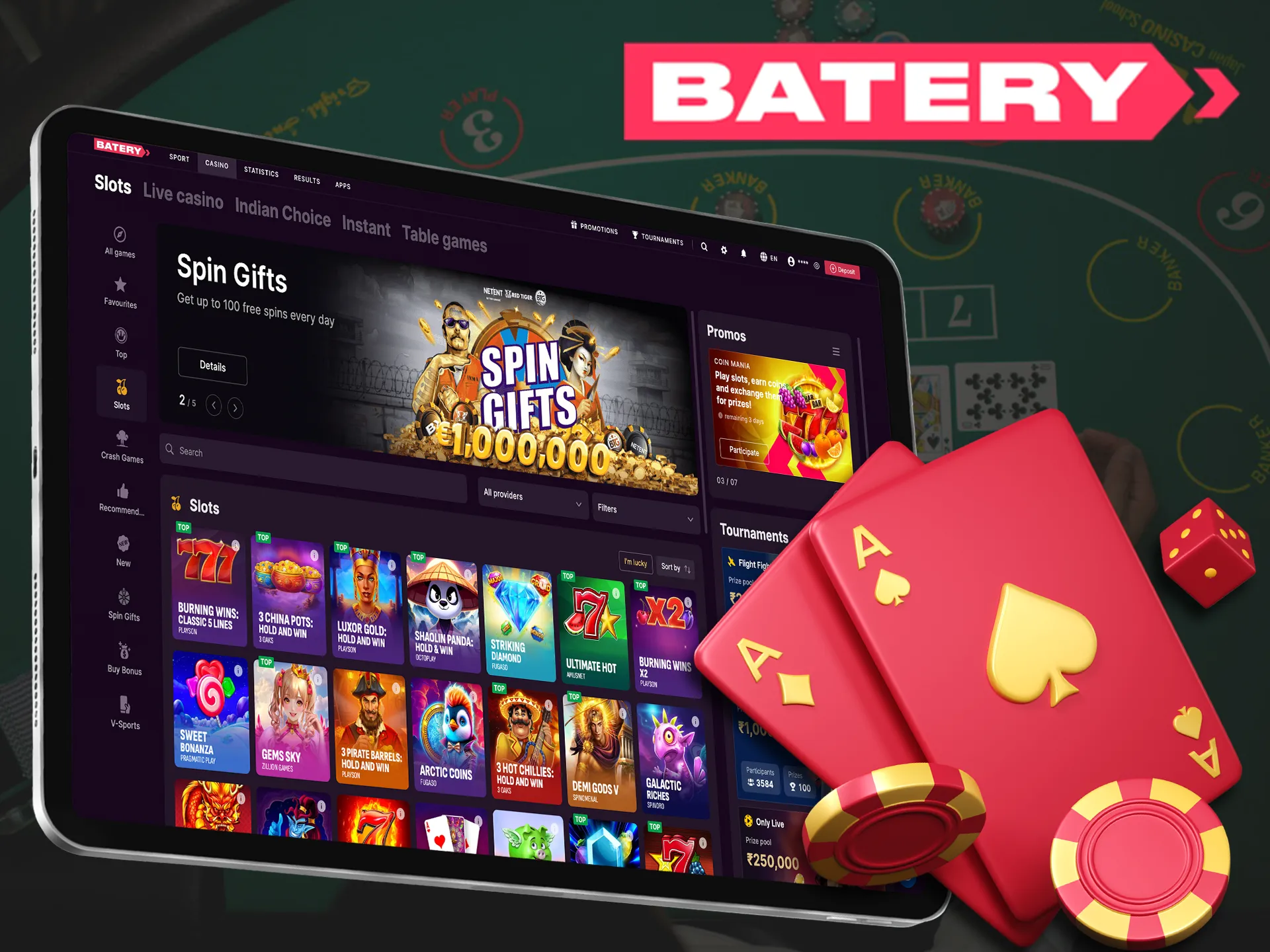 Try your luck with gambling online at Batery.