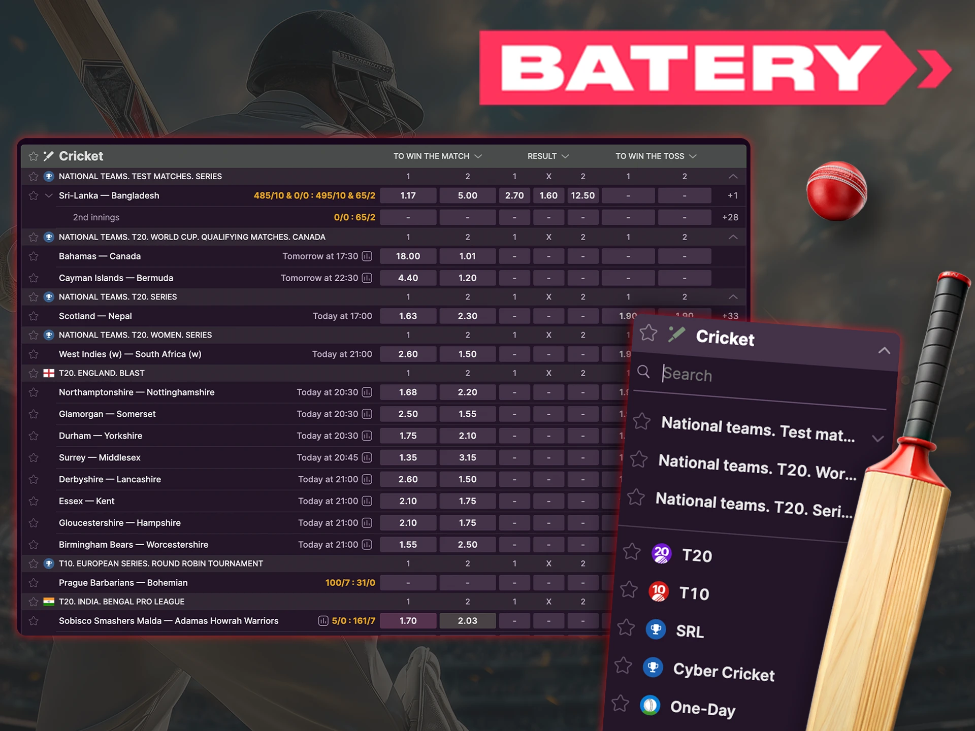 Place your bet on your favorite cricket team at Batery.