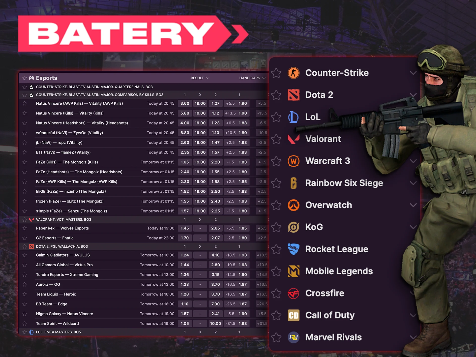 Check out the various esports betting opportunities at Batery.