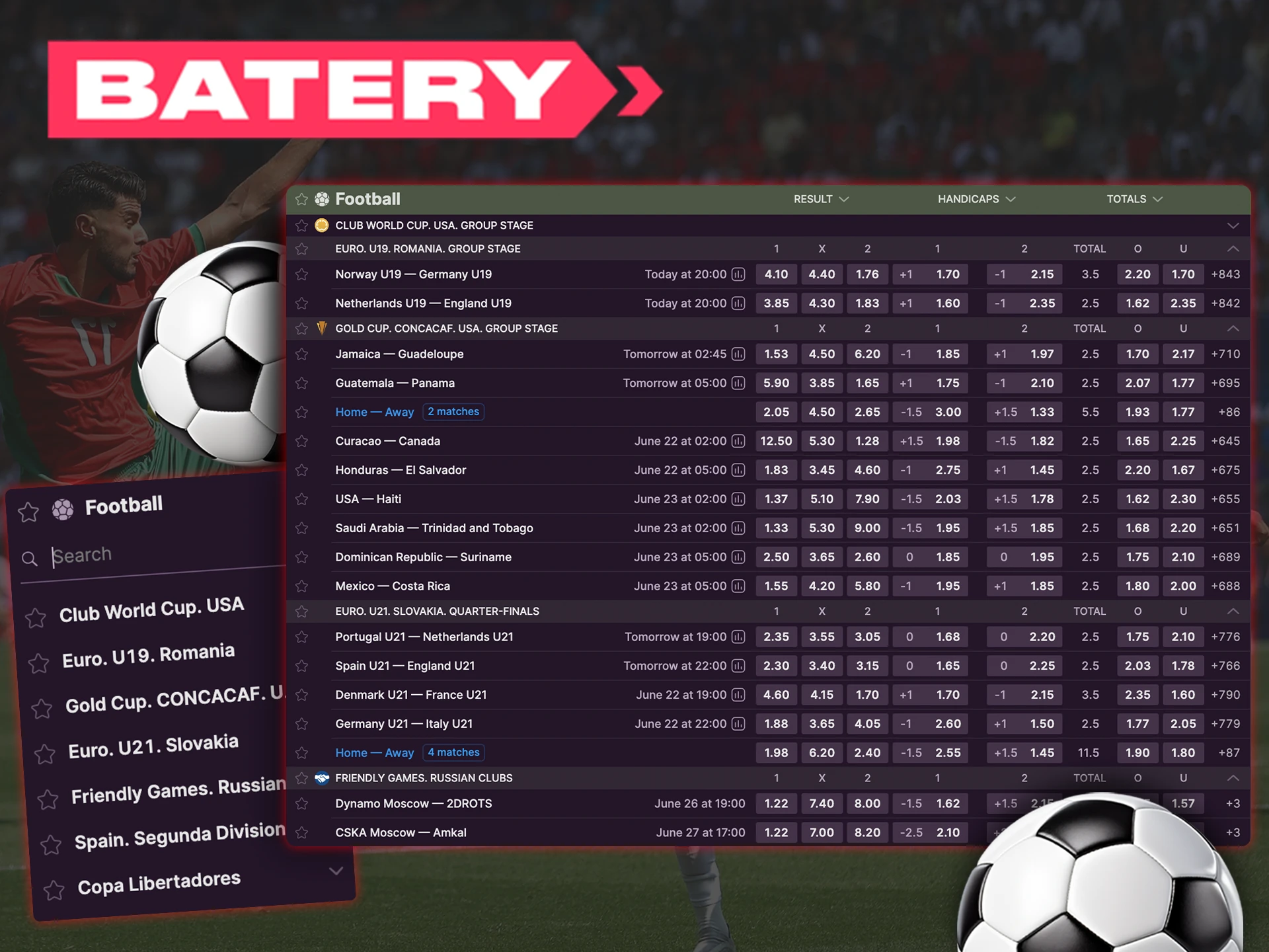Place your bet on football at Batery Casino.