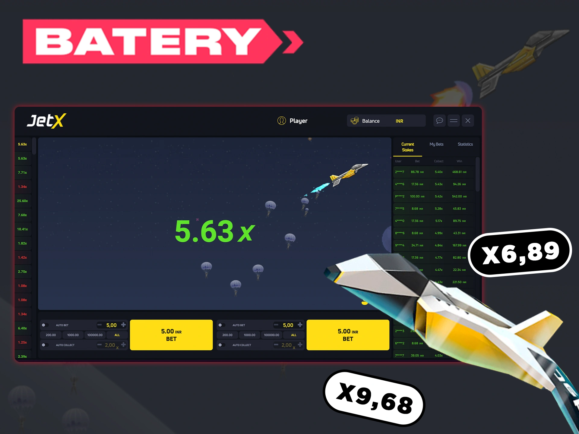 Try your luck with the JetX game at Batery Casino.