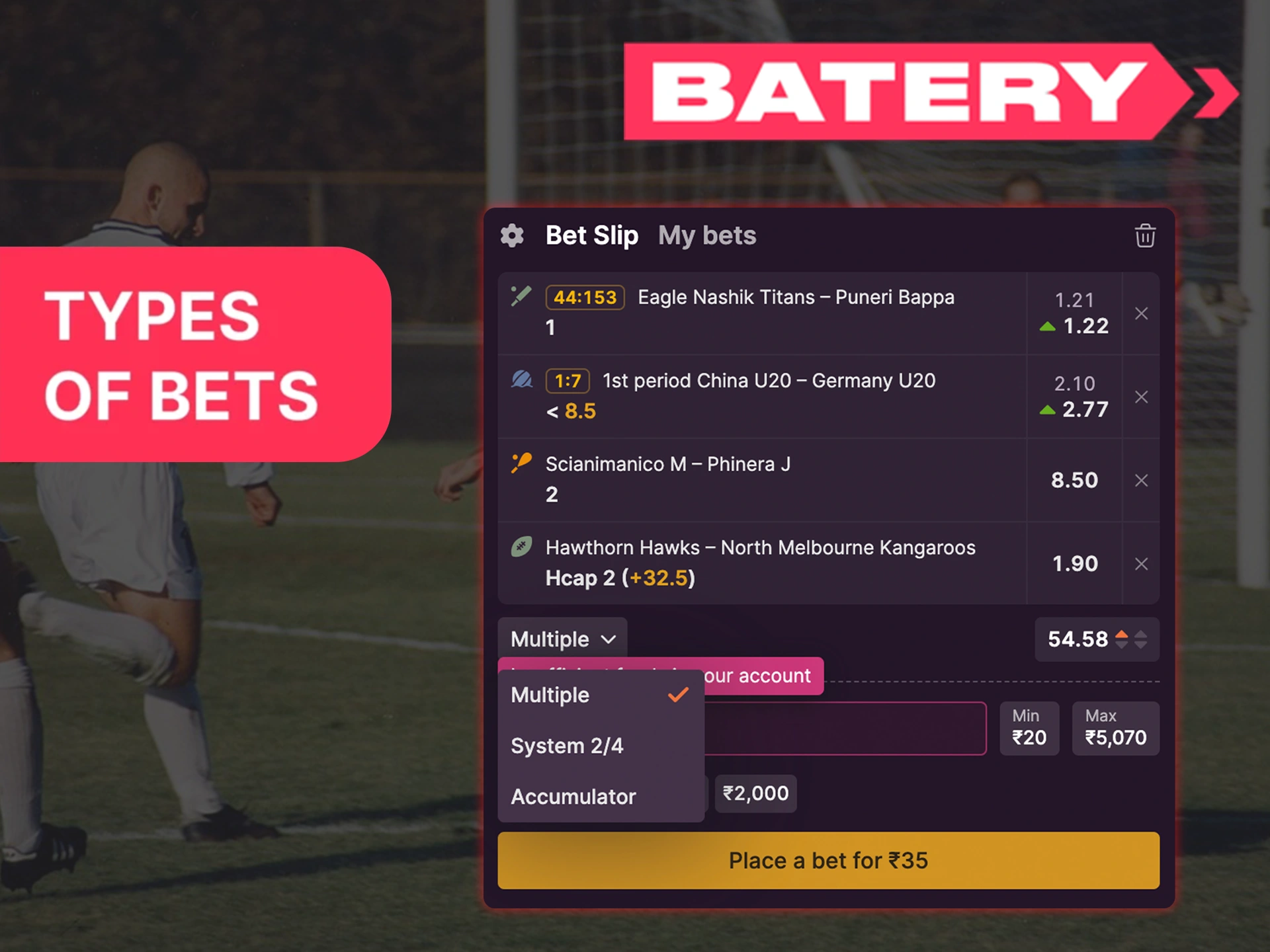 Explore the variety of bet types offered at Batery.