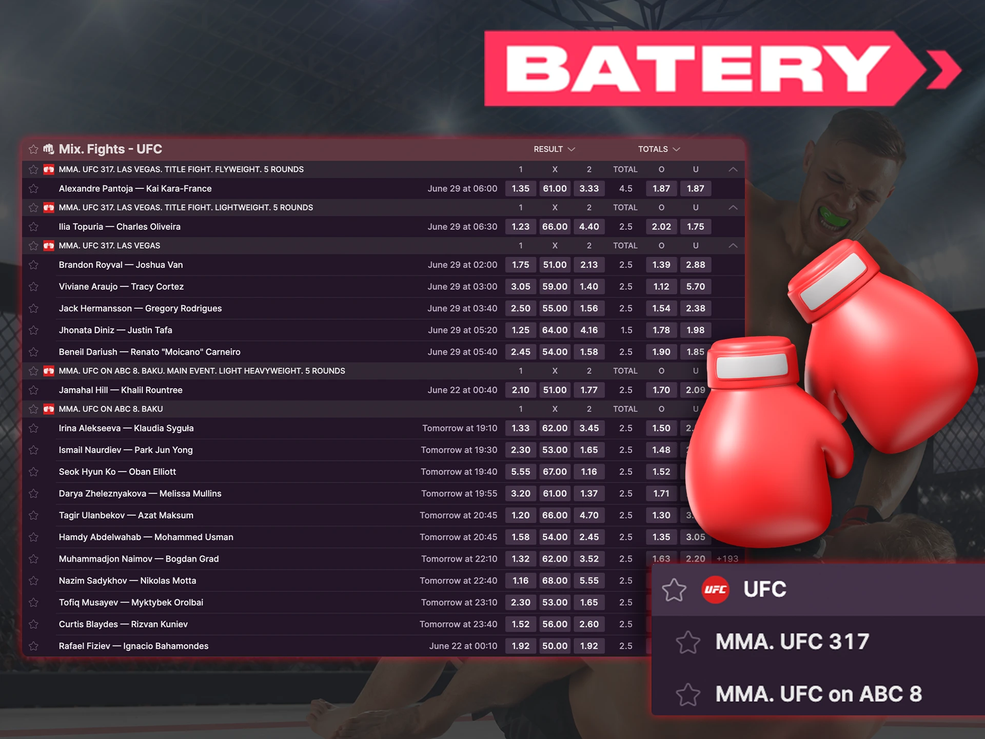 At Batery Casino you can bet on UFC.