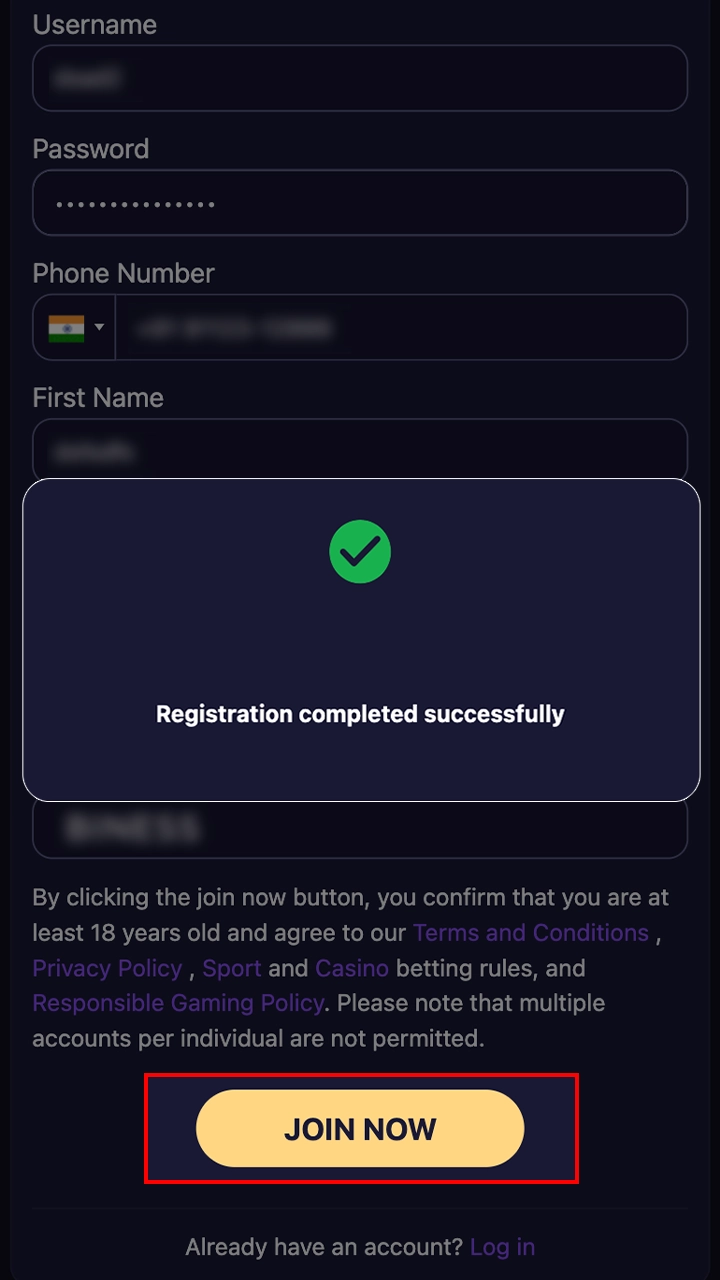 Complete your registration and confirm your email if necessary with BetVibe.