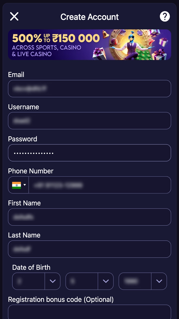 Fill in the required information to register with BetVibe.