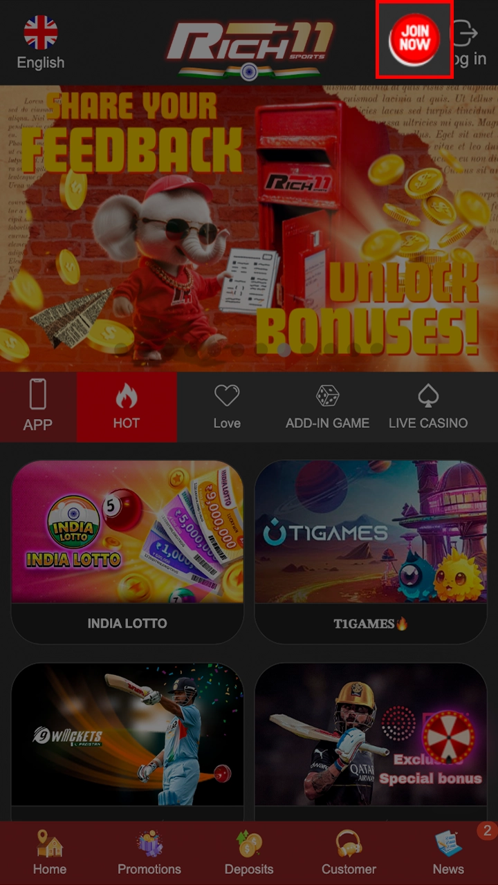 Find the registration button on the Rich11 main page.
