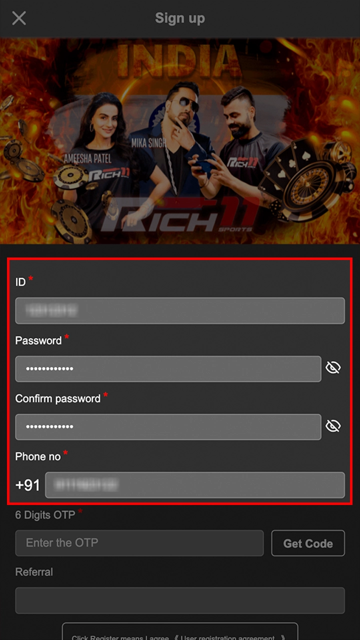 Fill in your personal information to register in Rich11.