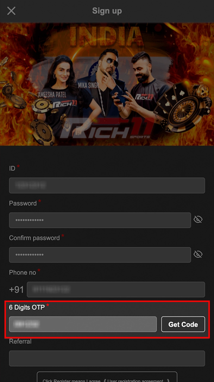 Receive the code via SMS and enter it in Rich11 registration.