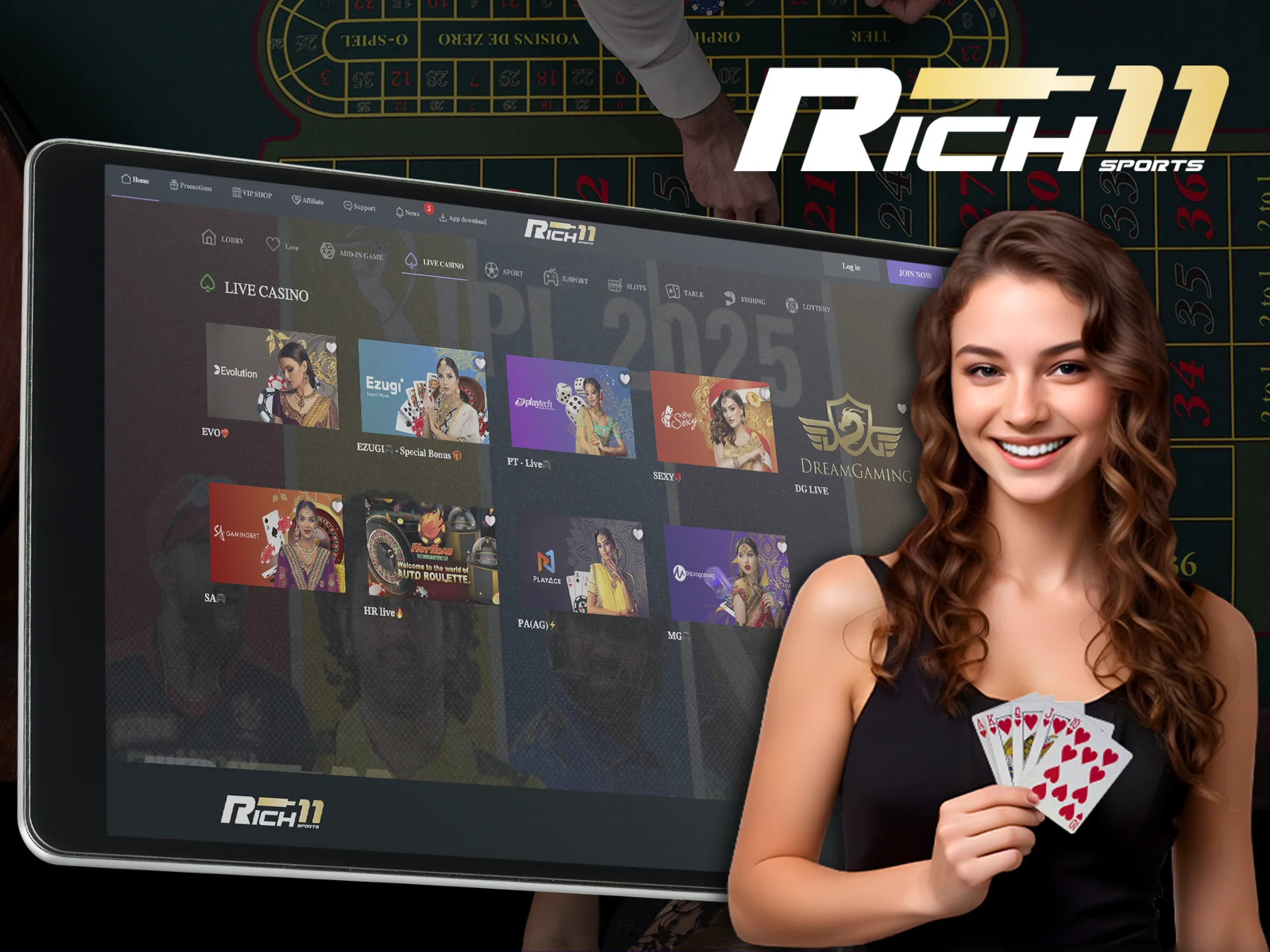 Play with live dealers in the Rich11 live casino section.
