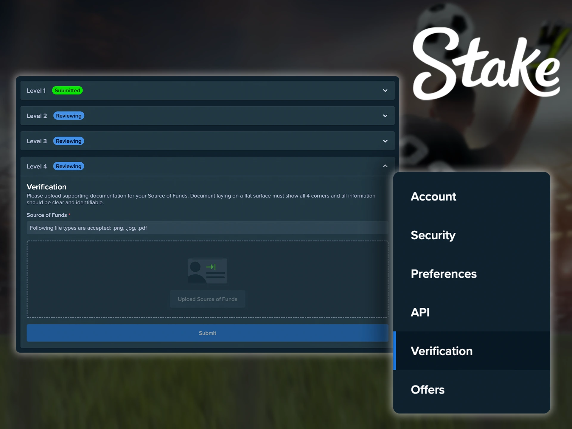 The process of verifying accounts at Stake Casino.