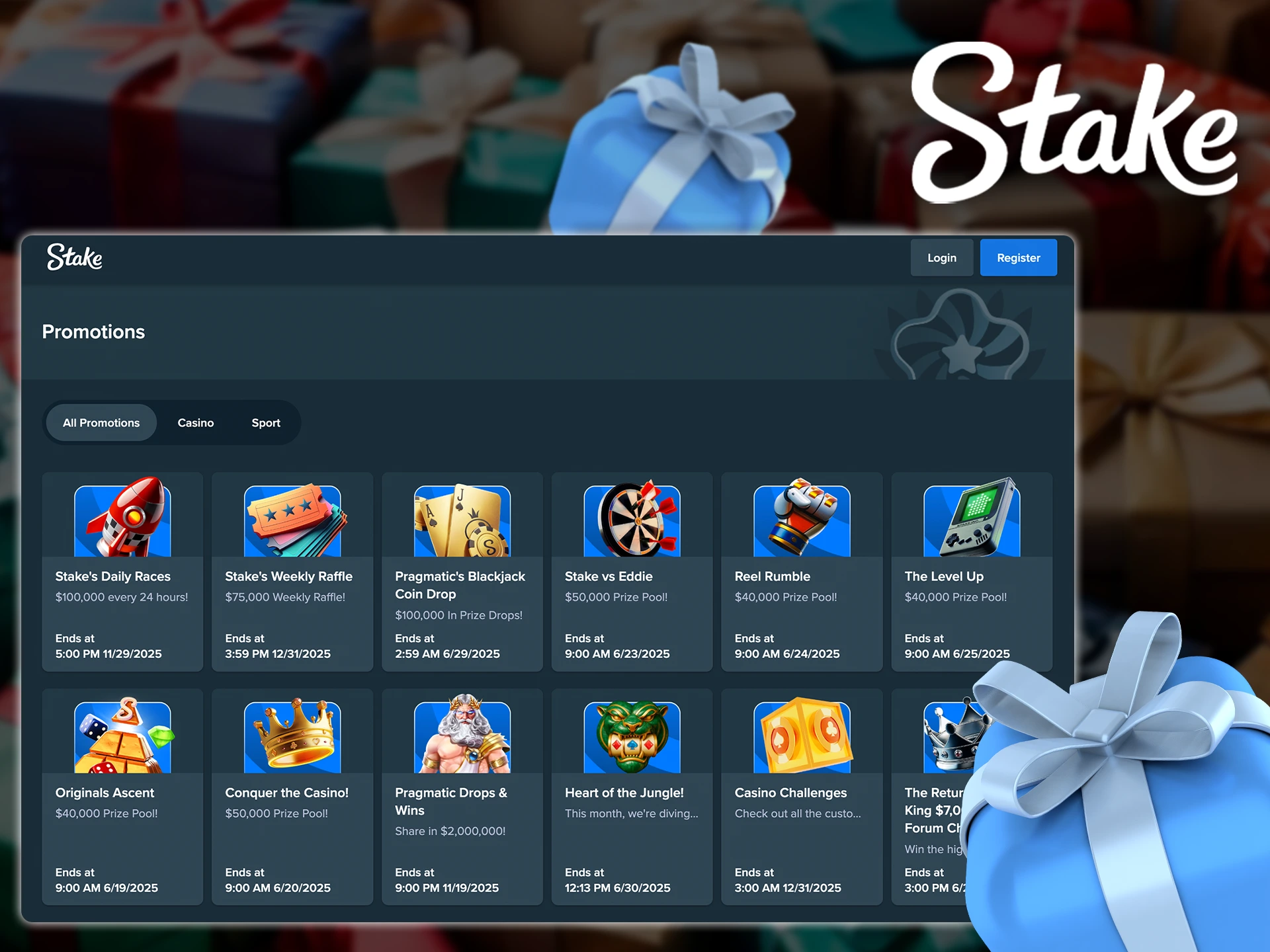 A screenshot of Stake's bonuses page, showcasing various promotional offers. The image includes information about welcome bonuses, weekly raffles, and other rewards.