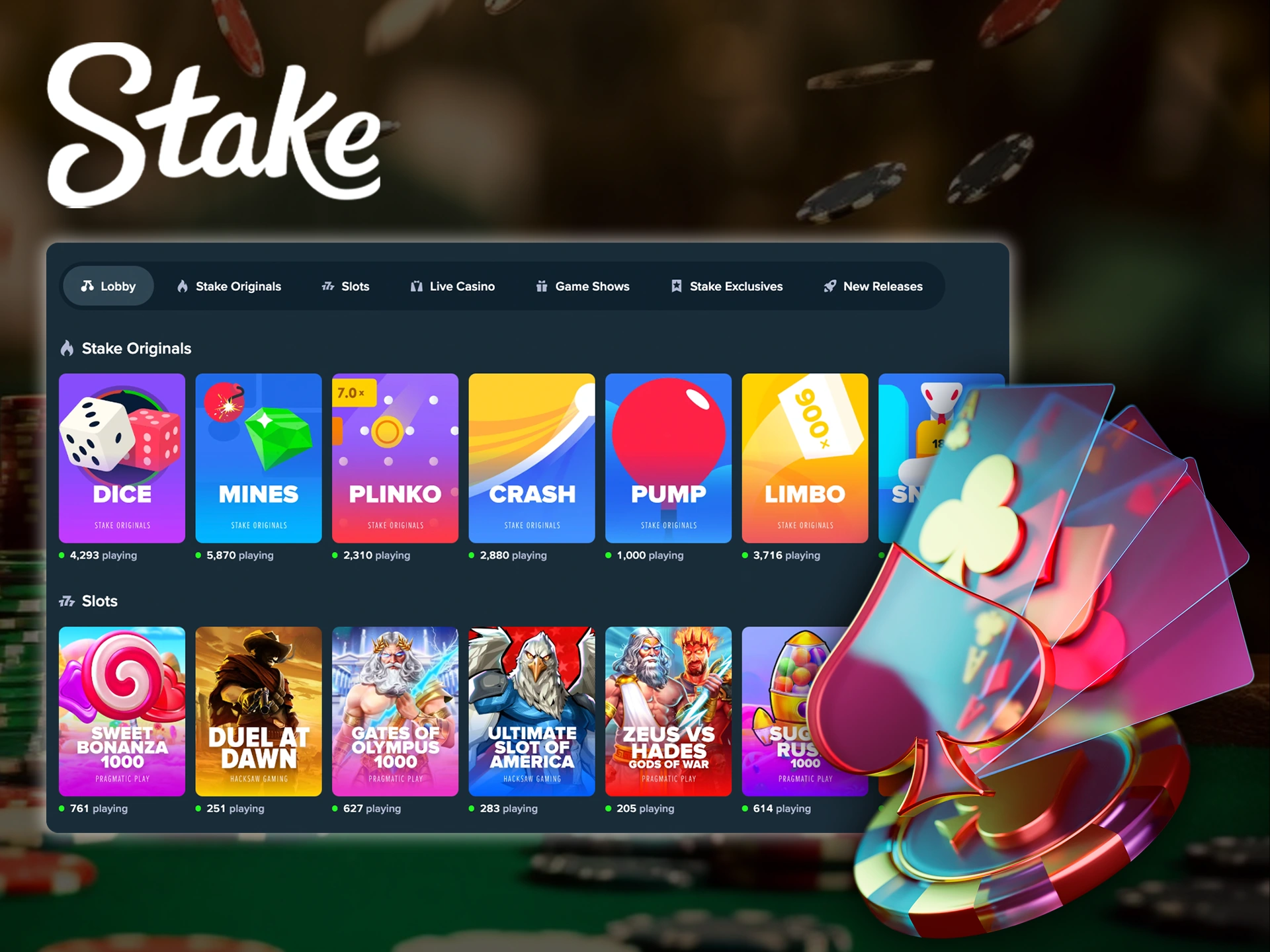 Browse through the diverse range of online casino games on Stake.