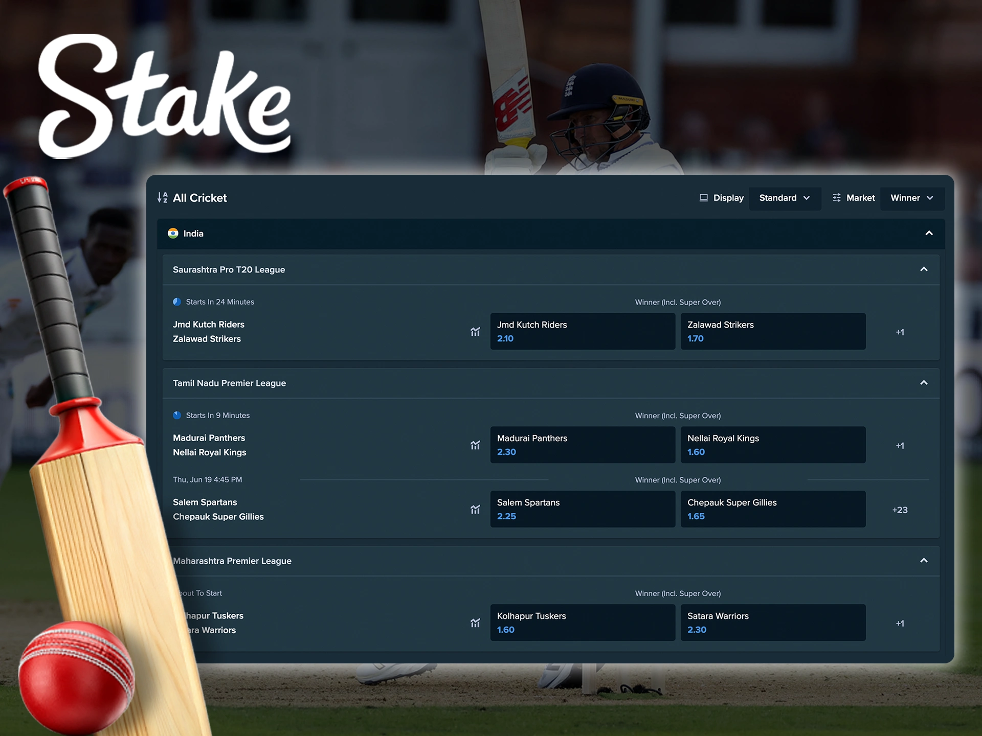 A screenshot of Stake's sports betting section, showcasing live odds and matches for cricket.