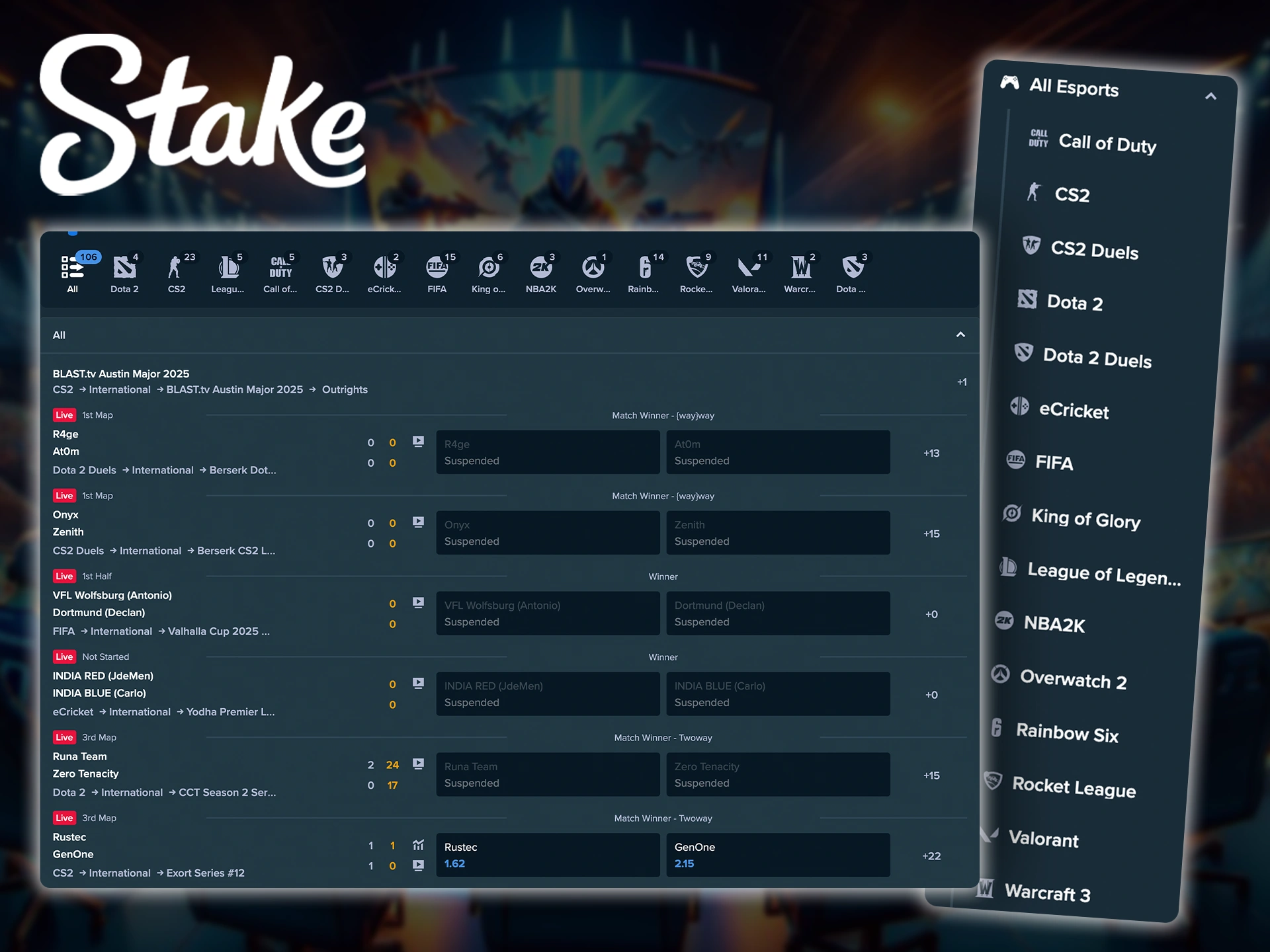 The Stake online platform offers a variety of betting options for esports enthusiasts.