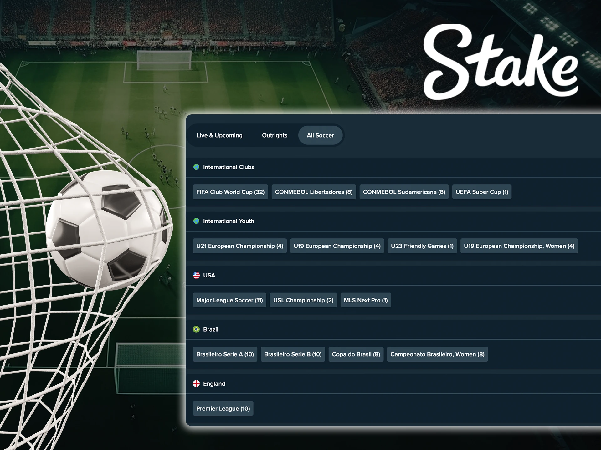 A screenshot of Stake's sports betting section, showcasing live odds and matches for football.
