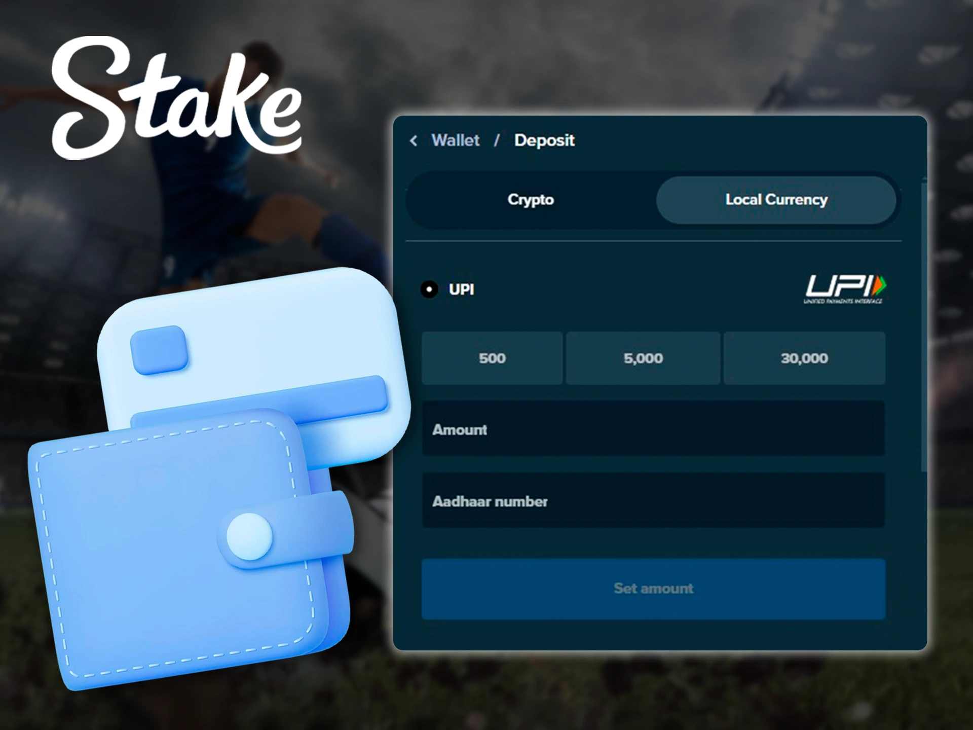 Effortlessly add money to your Stake account and start betting.
