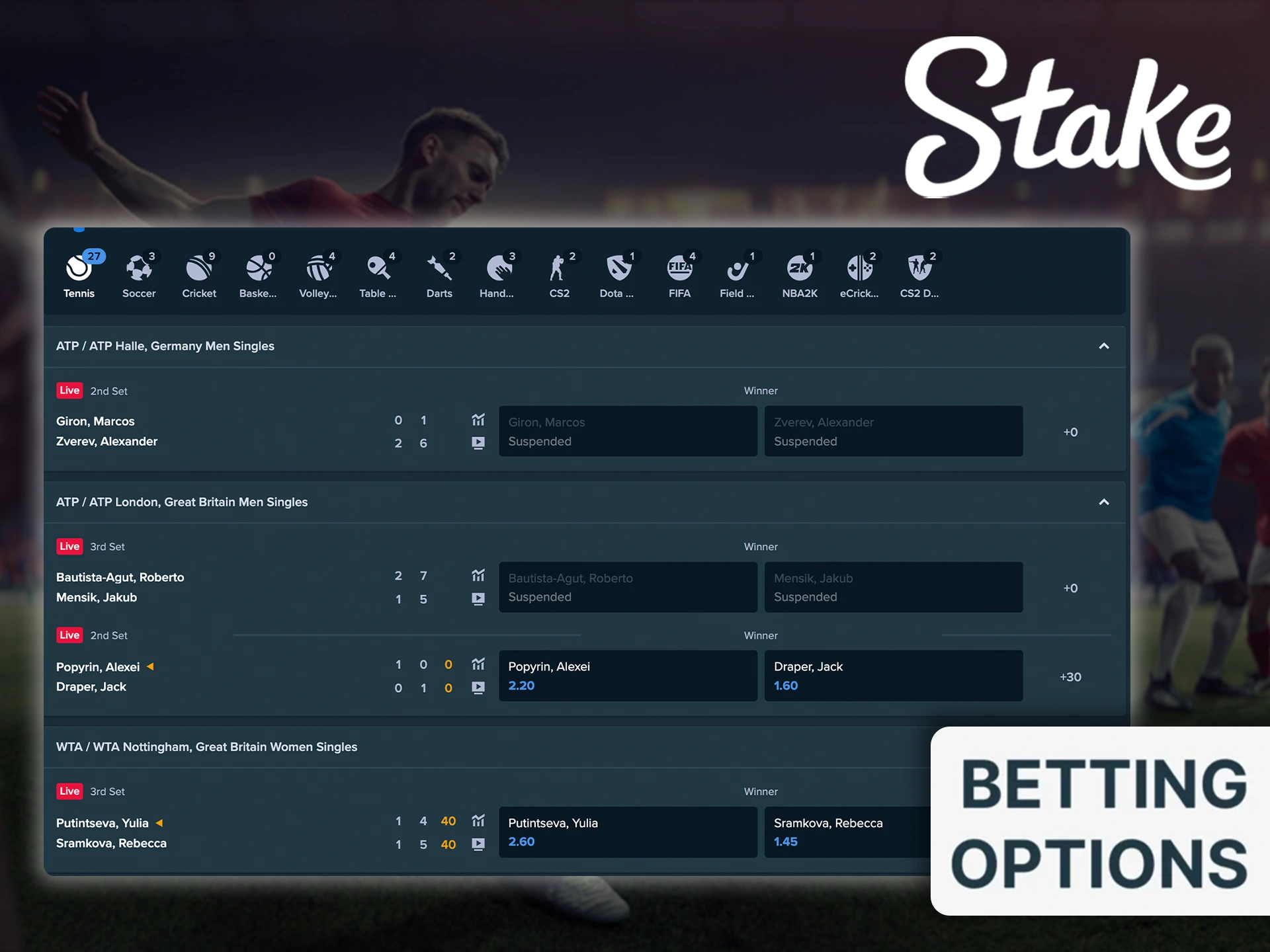 Enjoy betting both on future and real-time sports events via Stake.