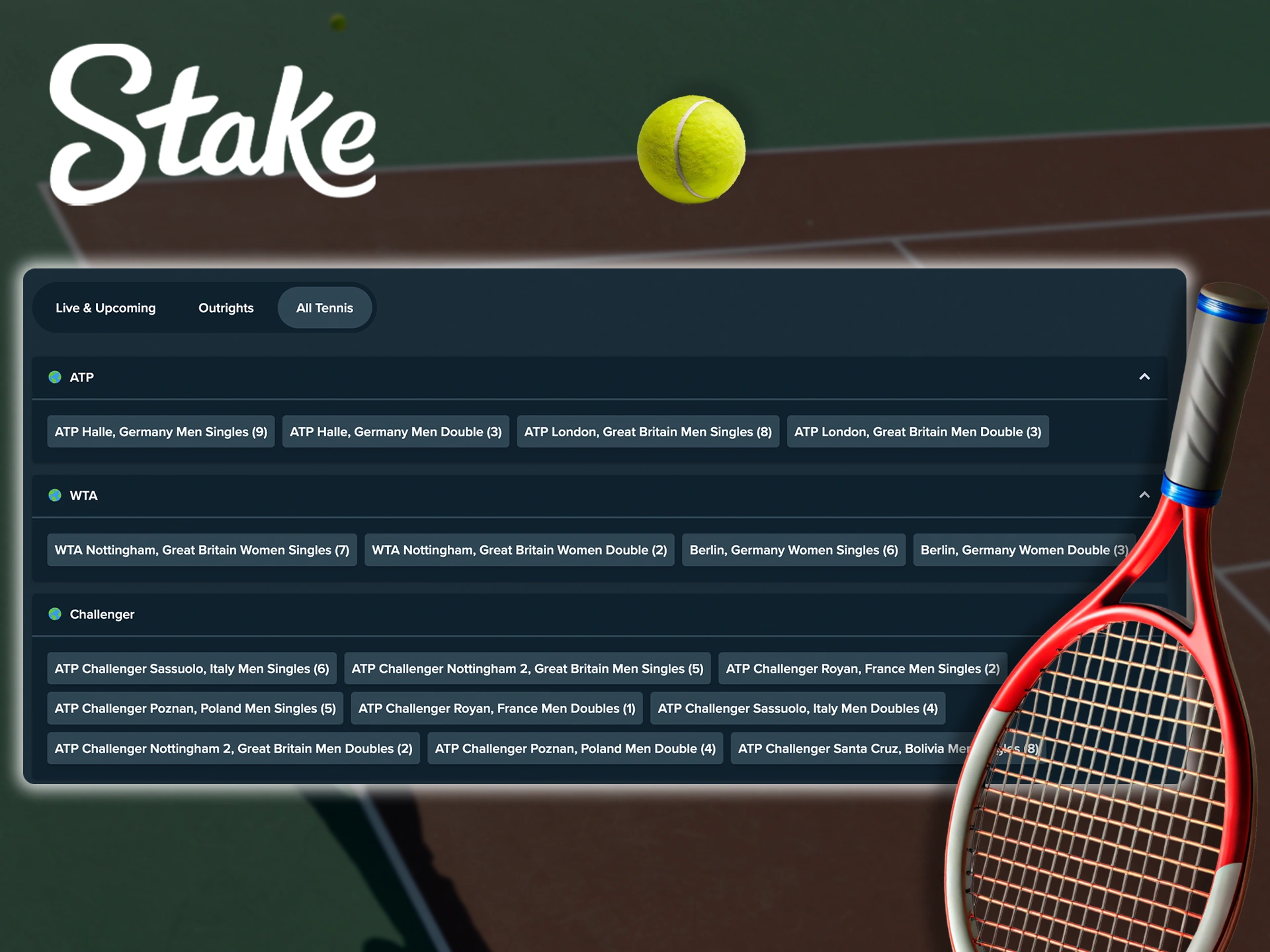 A screenshot of Stake's sports betting section, showcasing live odds and matches for tennis.